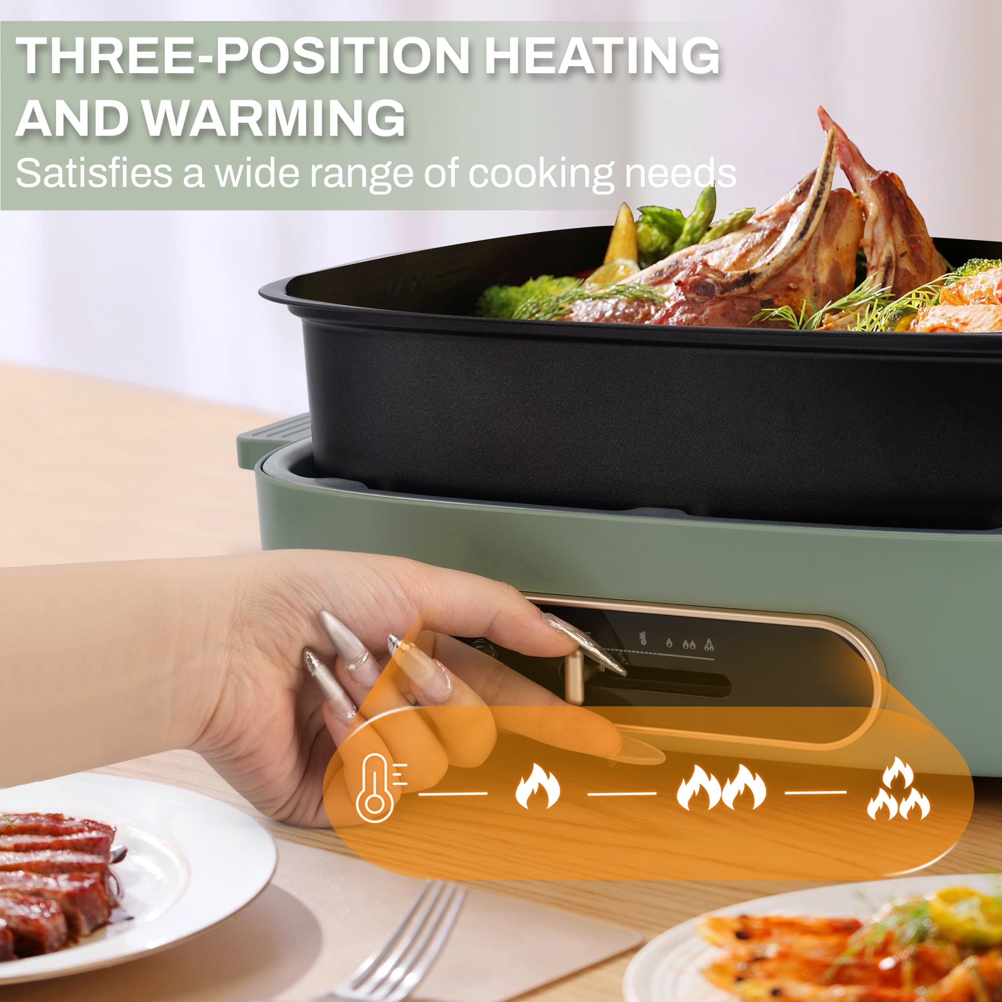 SUSTEAS Hot Pot Electric, Hotpot for Cooking with Removable Non-Stick 2 Pots(Skillet & 3L Hotpot Pots), 1200W Electric Hot Pot with Slide Power Control for Home, Party, Family & Friend Gathering - Image 8