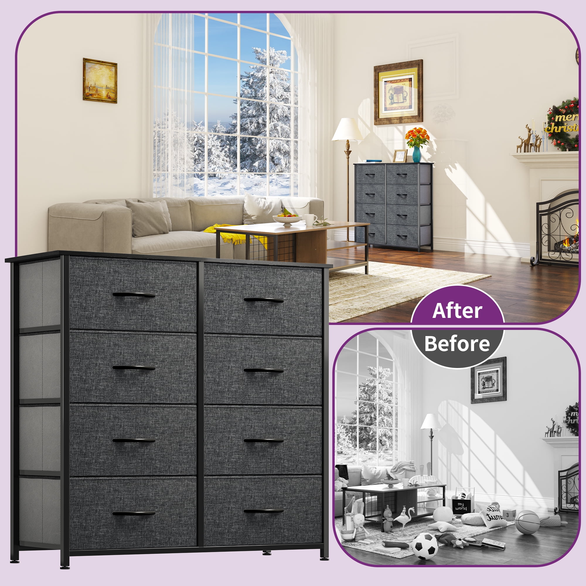 Uforic 8 Drawers Dresser Chest of Drawers for Bedroom Fabric Storage Dressers for Living Room Bedroom Black Gray - Image 5