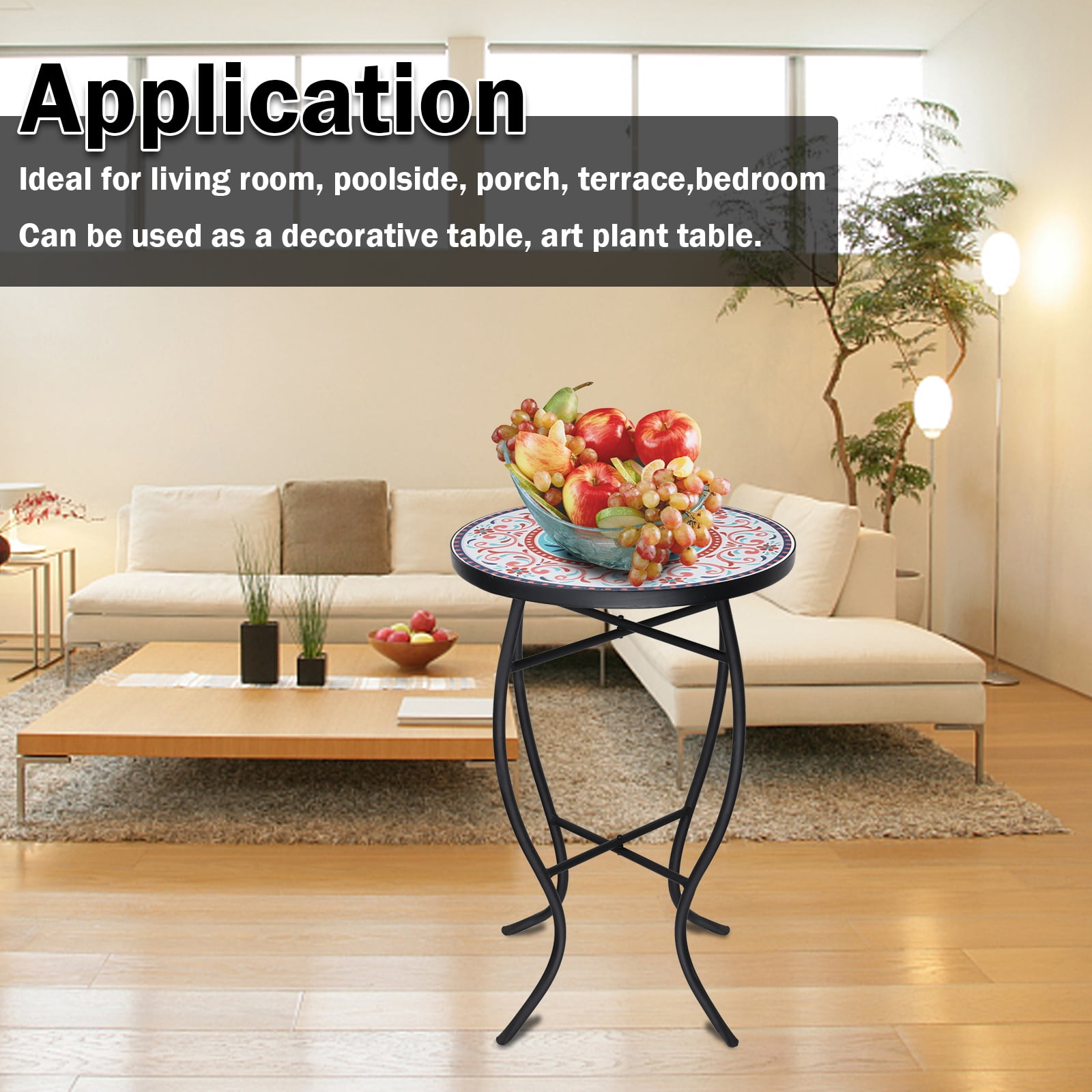 Outdoor Side Table-Patio End Table-14'' Round Accent Table Mosaic Glass Metal Side Table Garden Balcony Indoor Coffee Table - Image 4