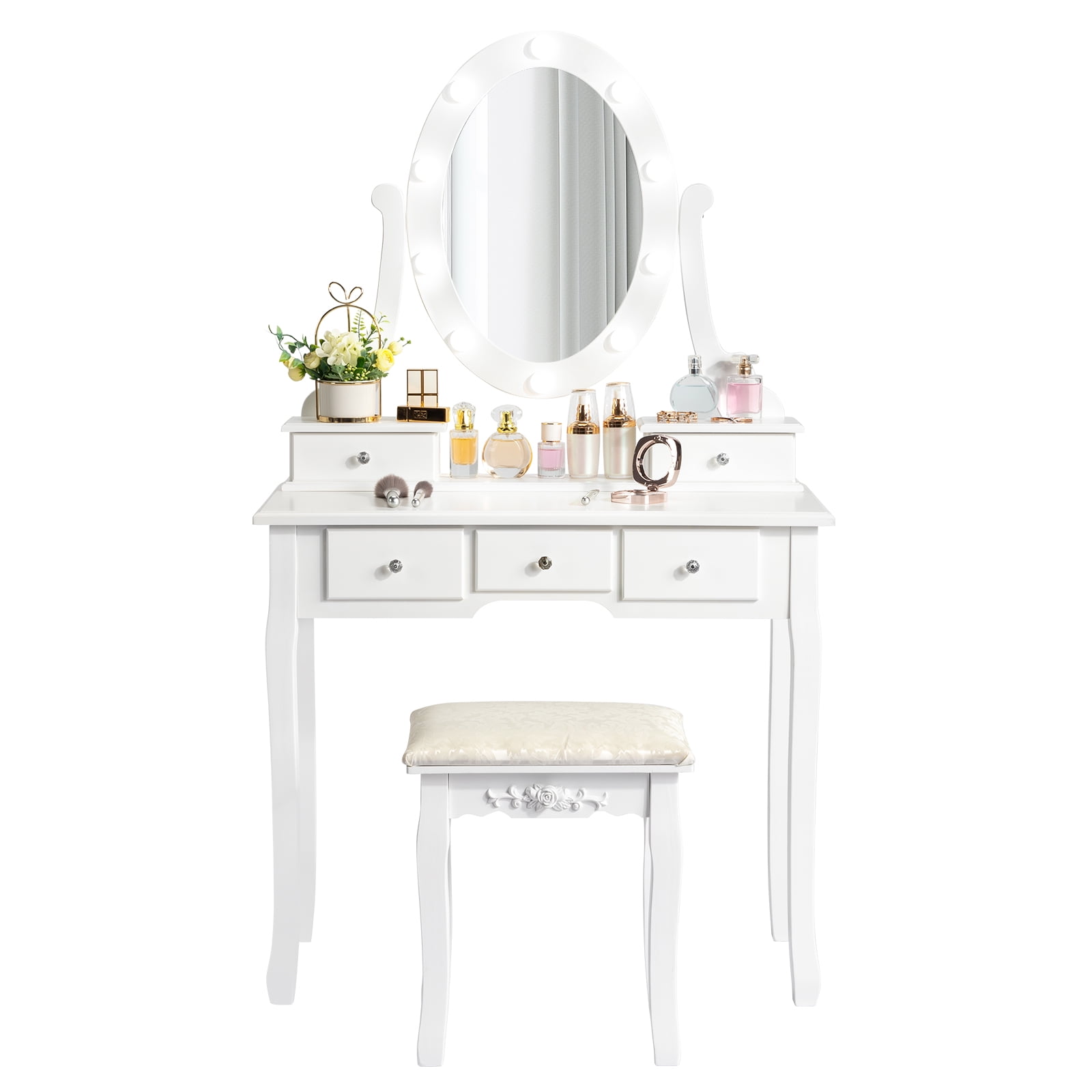Ktaxon Vanity Table 10 LED Lights, 5 Drawers Makeup Dressing Desk with Cushioned Stool Set,Bedroom Vanities Set White - Image 8
