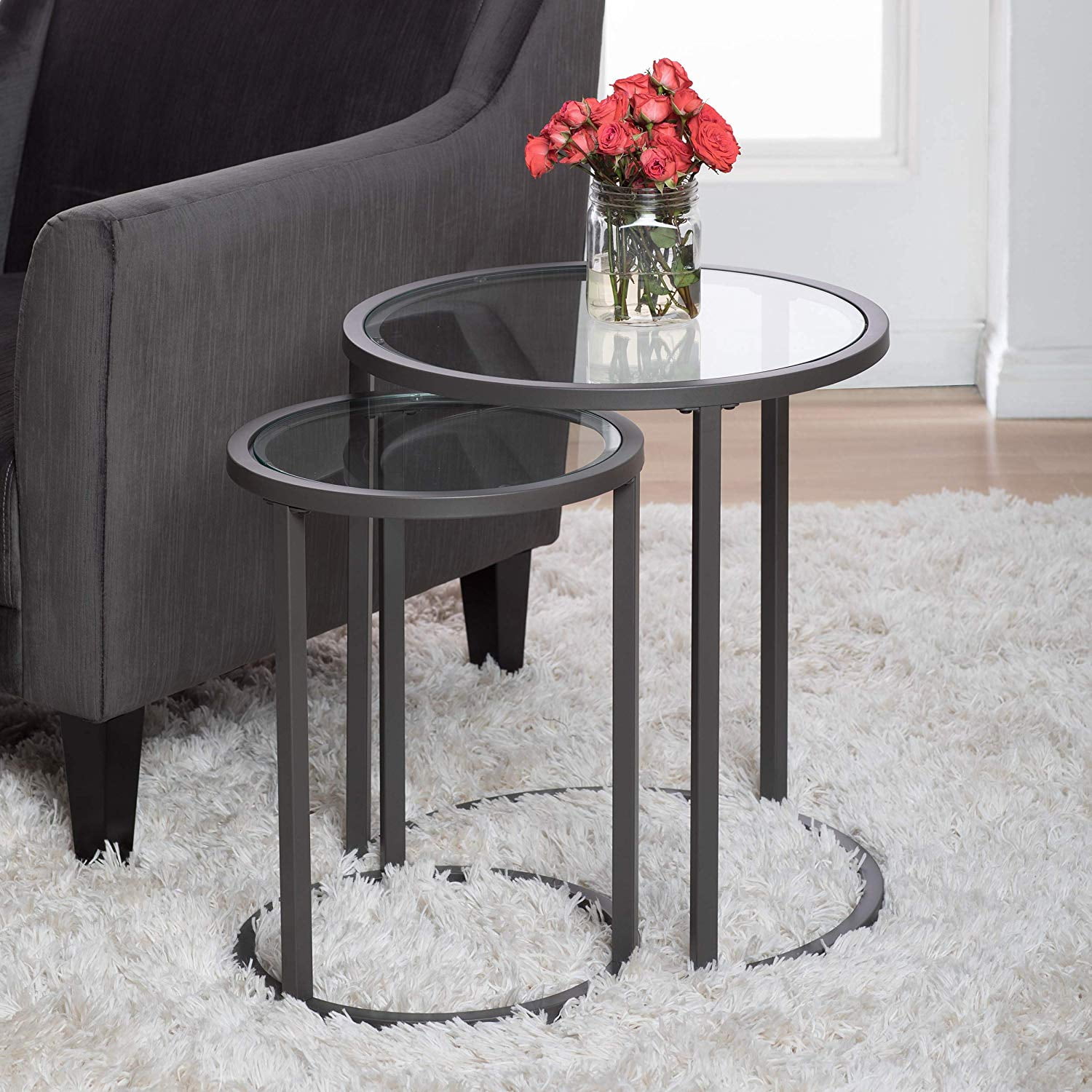 Studio Designs Camber Modern Round Nesting End Tables, Pewter Metal/Glass - Image 6