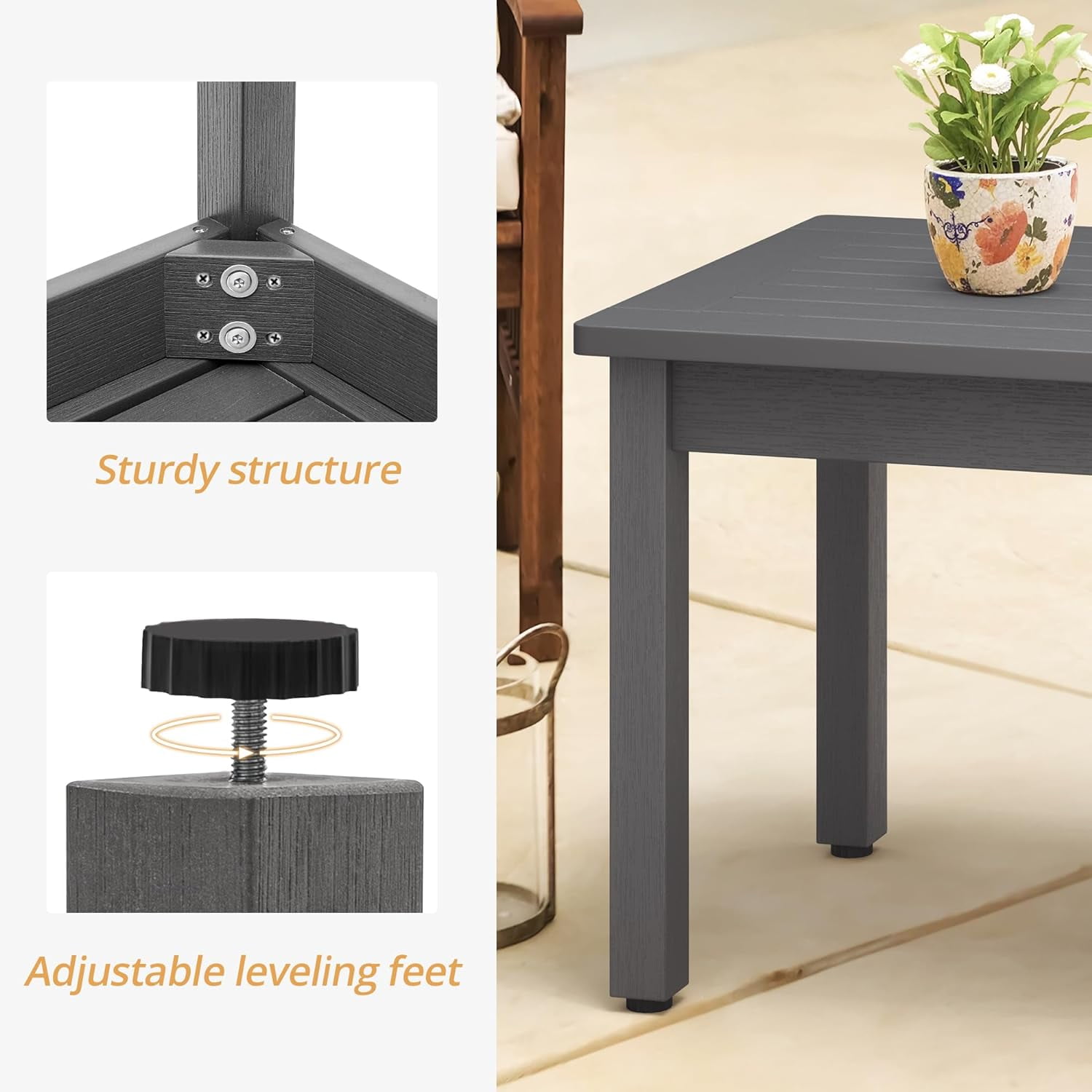 Dycanpo Outdoor Coffee Table Rectangle, HDPS Patio Tables for Outside, 17.7"x 35"x17.7", Dark Gray - Image 8