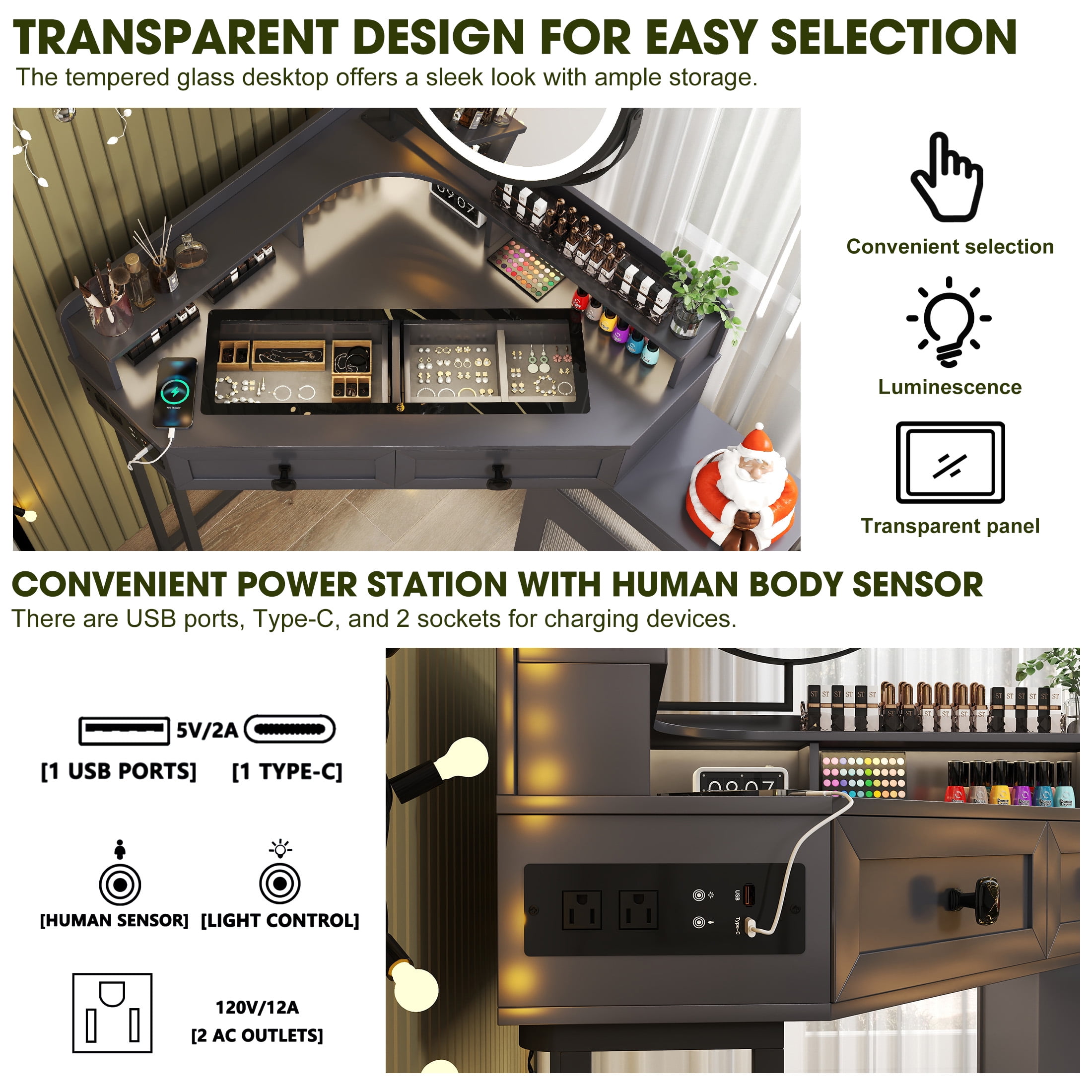 Aukfa Corner Vanity Desk with Mirror, LED Lights, Drawers & Outlet, Vanity Table for Girls, Gray - Image 6