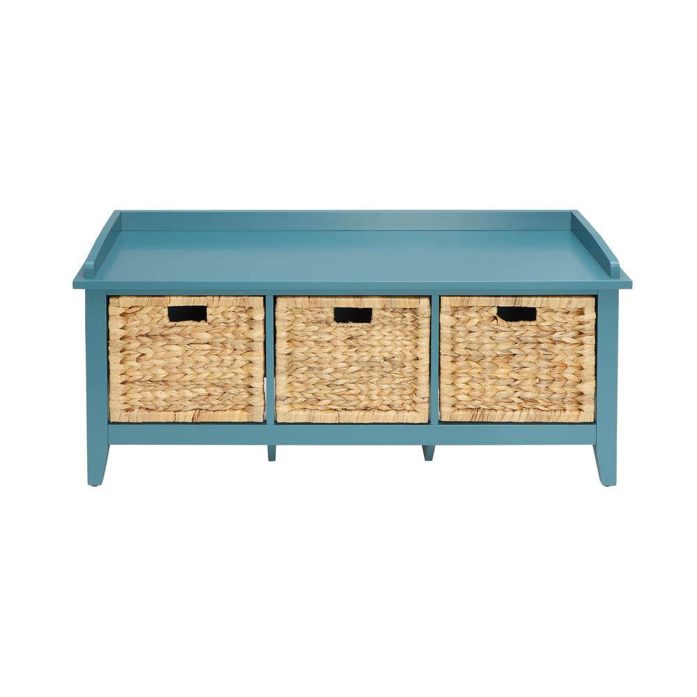 Rectangular Wooden Bench with Storage Basket, Blue- Saltoro Sherpi - Image 3