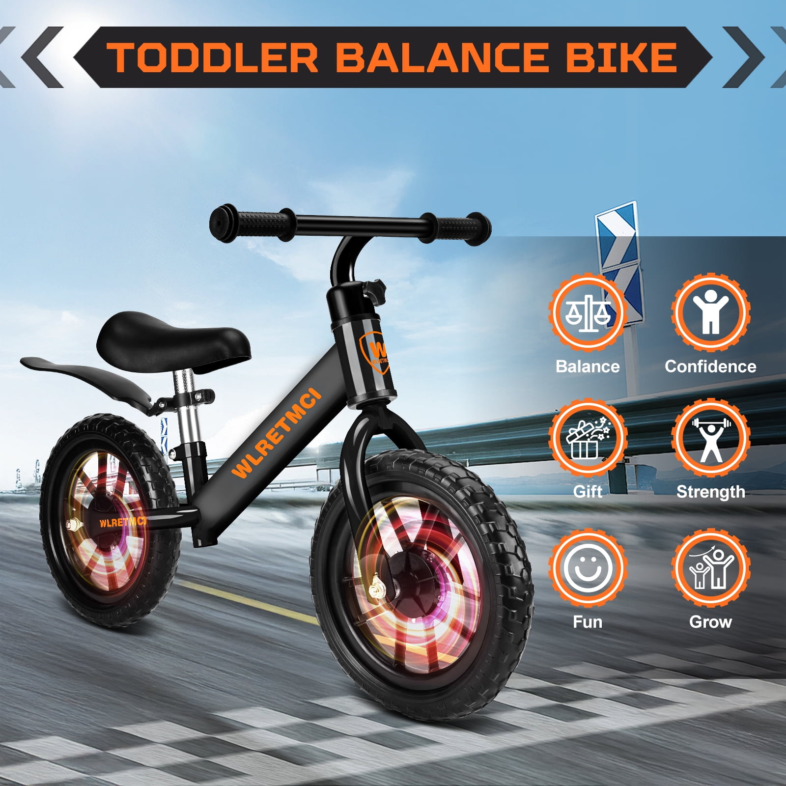 WLRETMCI Kid Balance Bike, 12'' Toddlers Training Bicycle for 2-5 Years Old Boys Girls, Lightweight with Lighting up Wheels, Black - Image 2