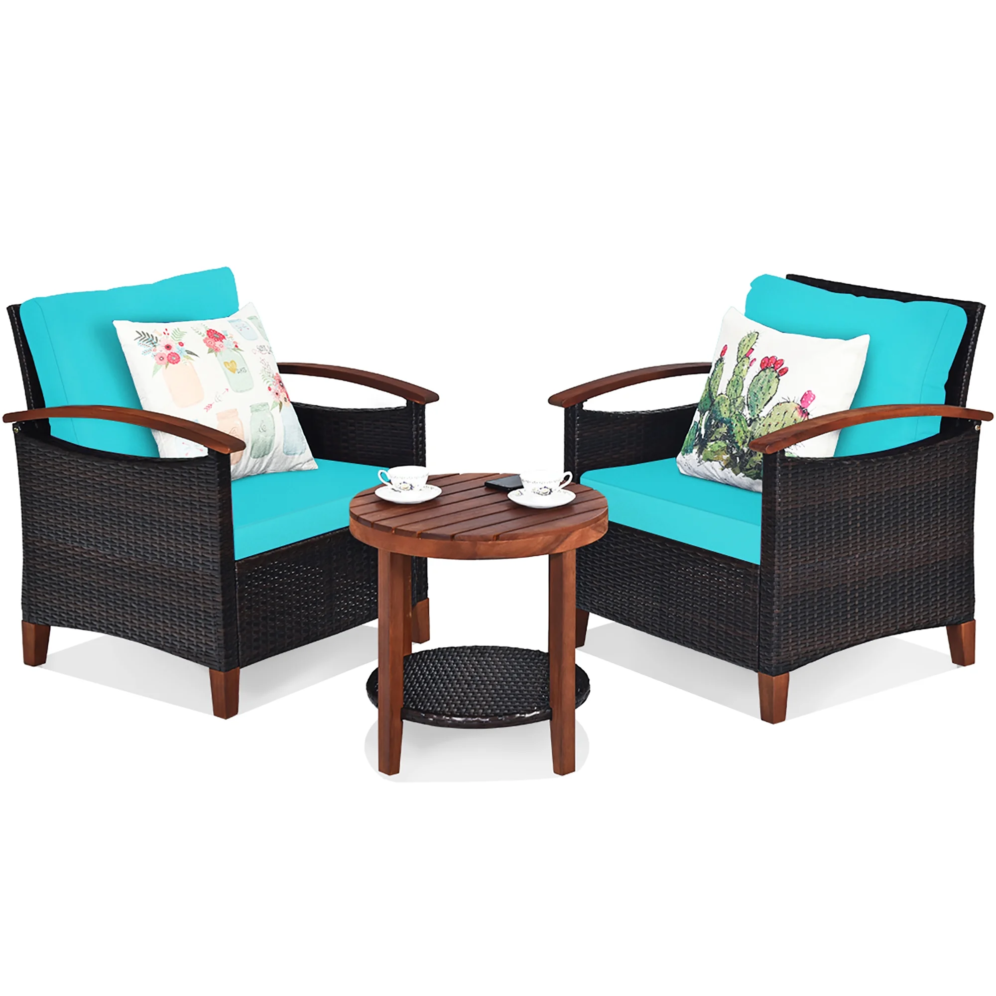 Costway 3PCS Patio Rattan Furniture Set Wooden Frame Cushion Table Shelf - Image 10