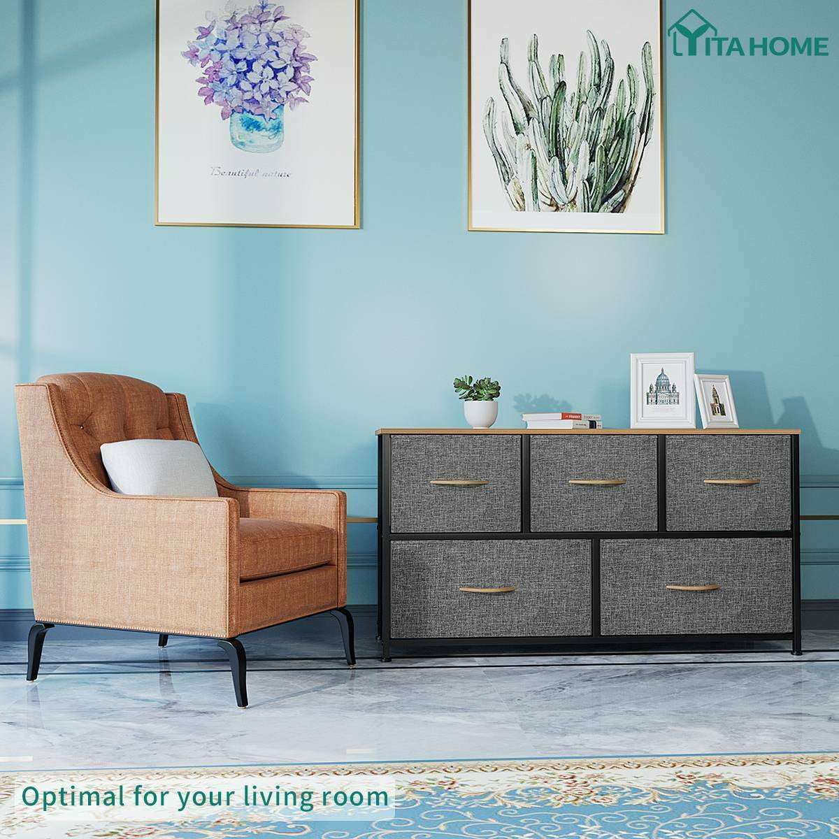 DEXTRUS 5-Drawer Fabric Dresser, Storage Chest for Adults & Teens, Dark Gray, Metal Frame & Wood Top - Image 5