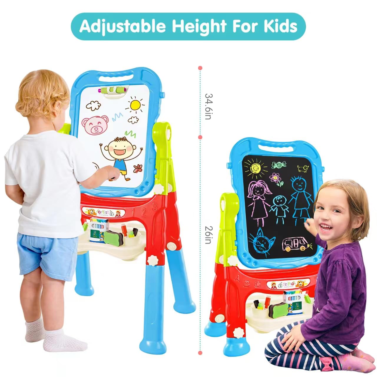 JBee Ctrl Easel for Kids Rotatable Double Sided White Board & Chalk Board Adjustable Standing Kids Art Easel w/ Paint Accessories for Boys Girls Birthday Christmas Gifts for Kids 3-6 Blue - Image 2