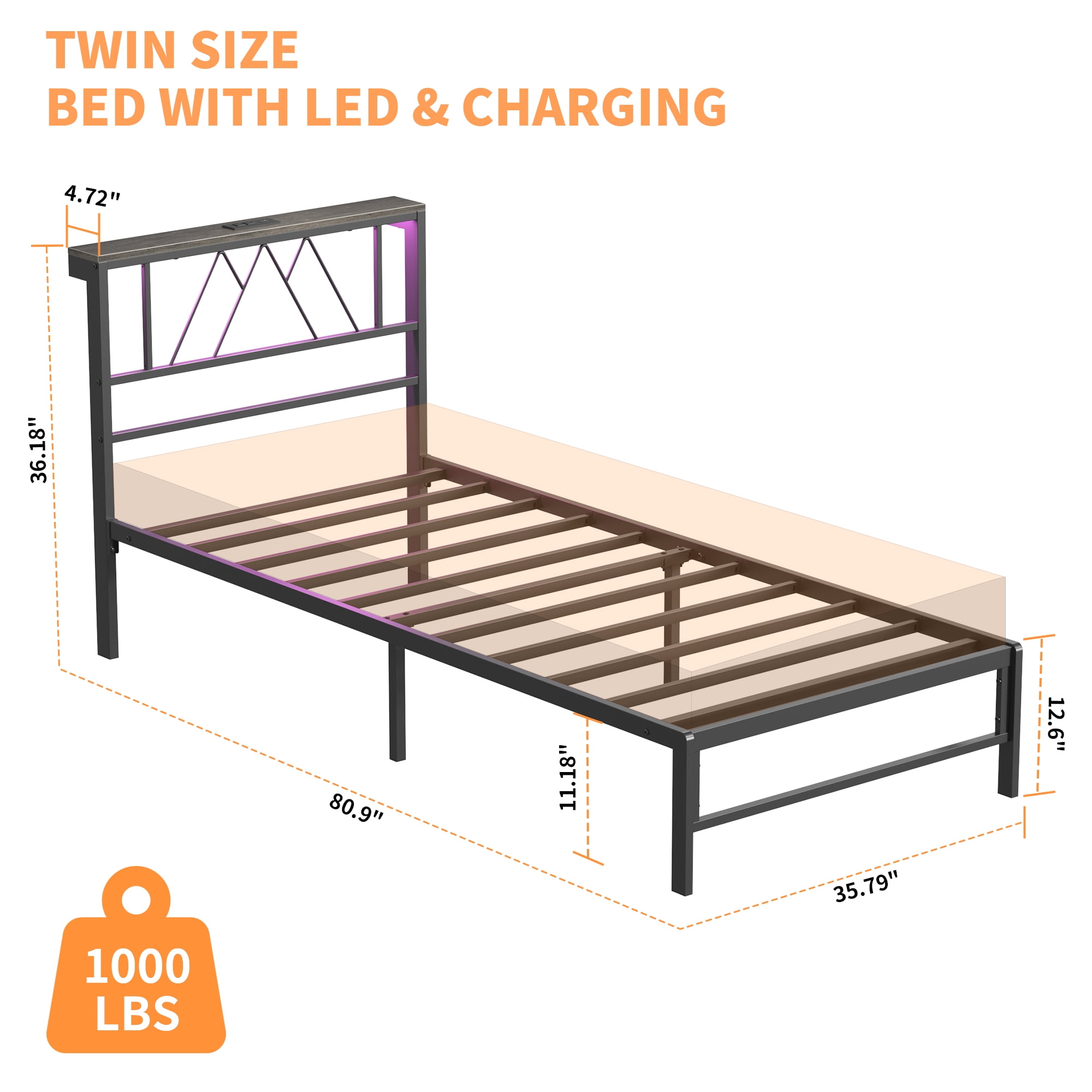 Yoneston Twin Size Platform Bed Fame with LED and Charging Station Storage Headboard No Box Spring Need for Kids Furniture, Black - Image 11