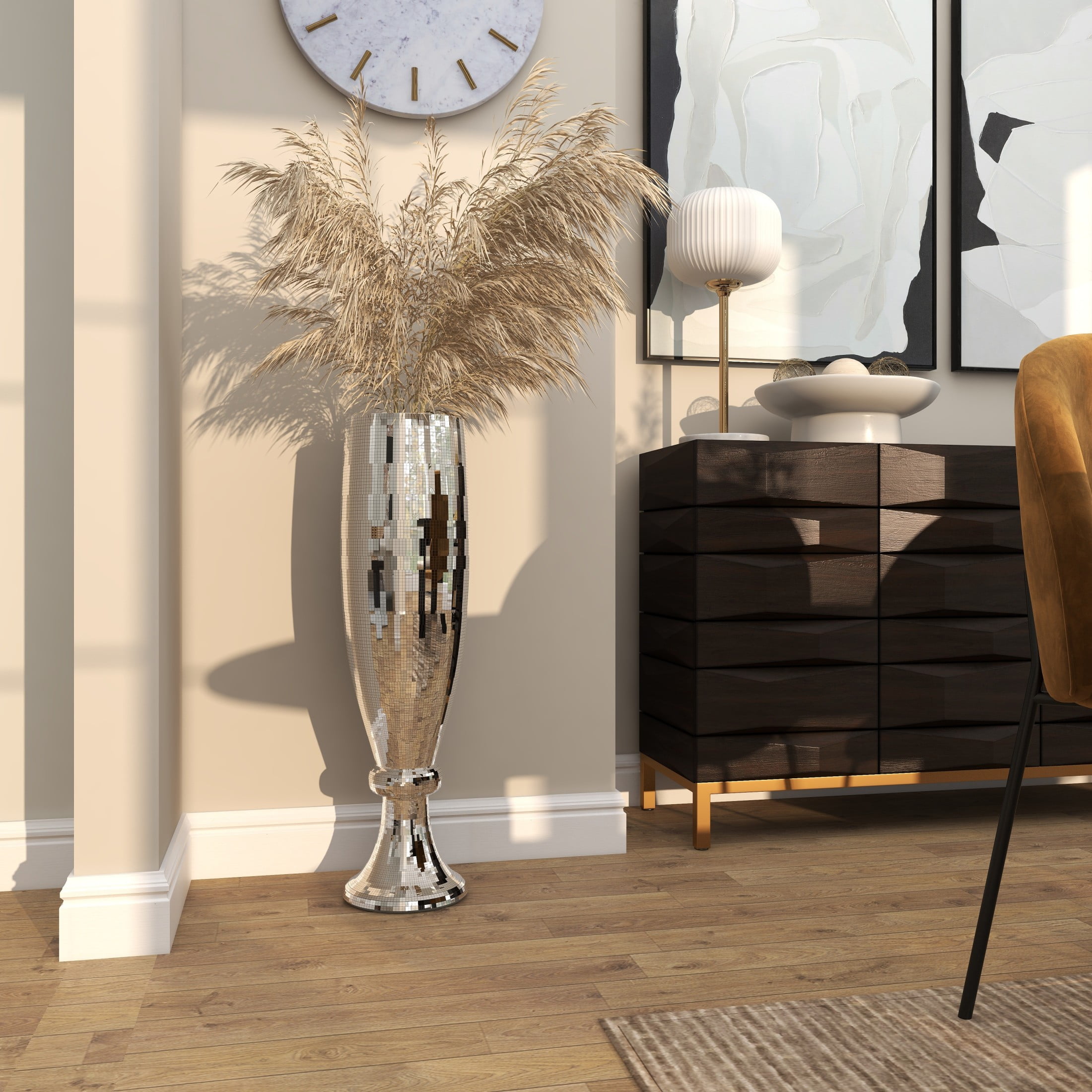 DecMode 33" Tall Champagne Flute Shape Silver Polystone Vase with Mosaic Mirror Inlay - Image 7