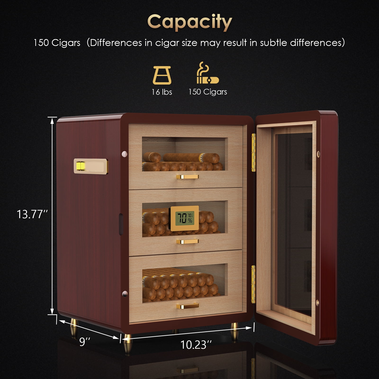 Rocita Cigar Humidor Cabinet for 100 to 150 Cigars with Spanish Cedar Lining, Tight-Seal Magnetic Door, 3 Large Capacity Drawers, Gift for Cigar Lovers - Image 10
