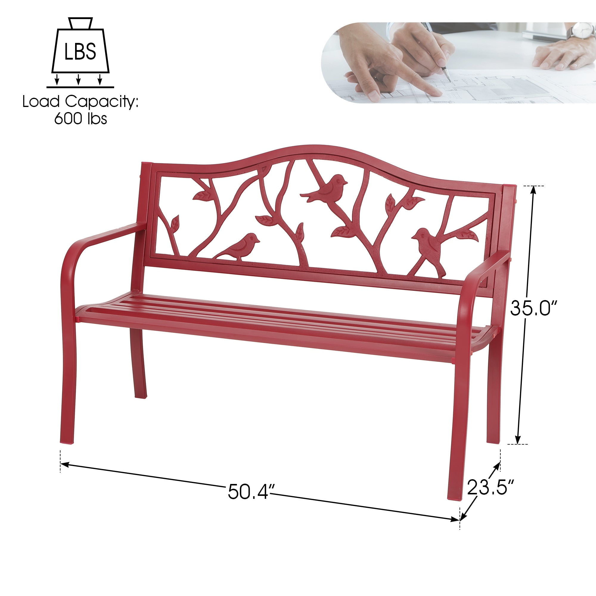 Sophia & William 50" Outdoor Metal Patio Garden Bench - Red Bird - Image 4