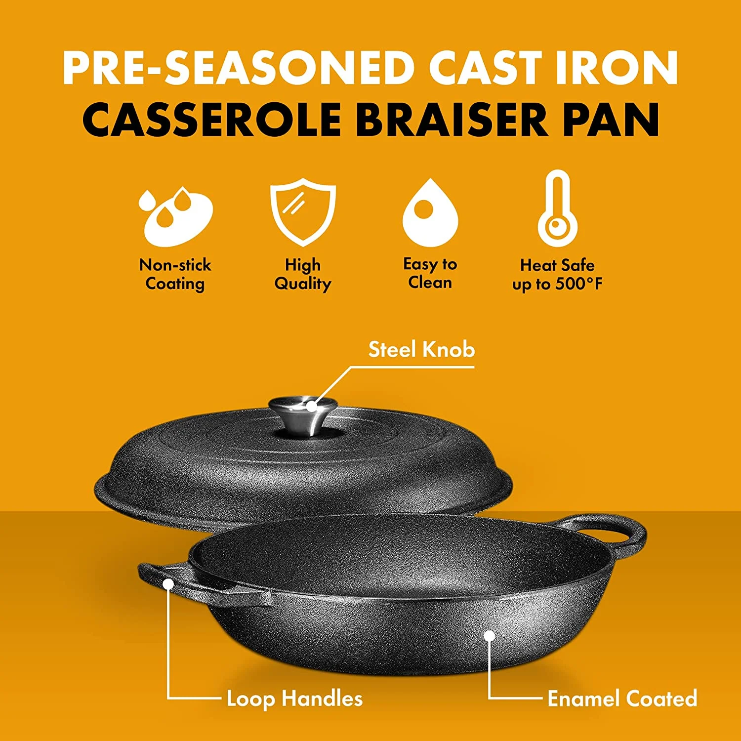 Bruntmor | Heavy Duty Pre-Seasoned Cast Iron Casserole Braiser - Pan With Cover - Image 6