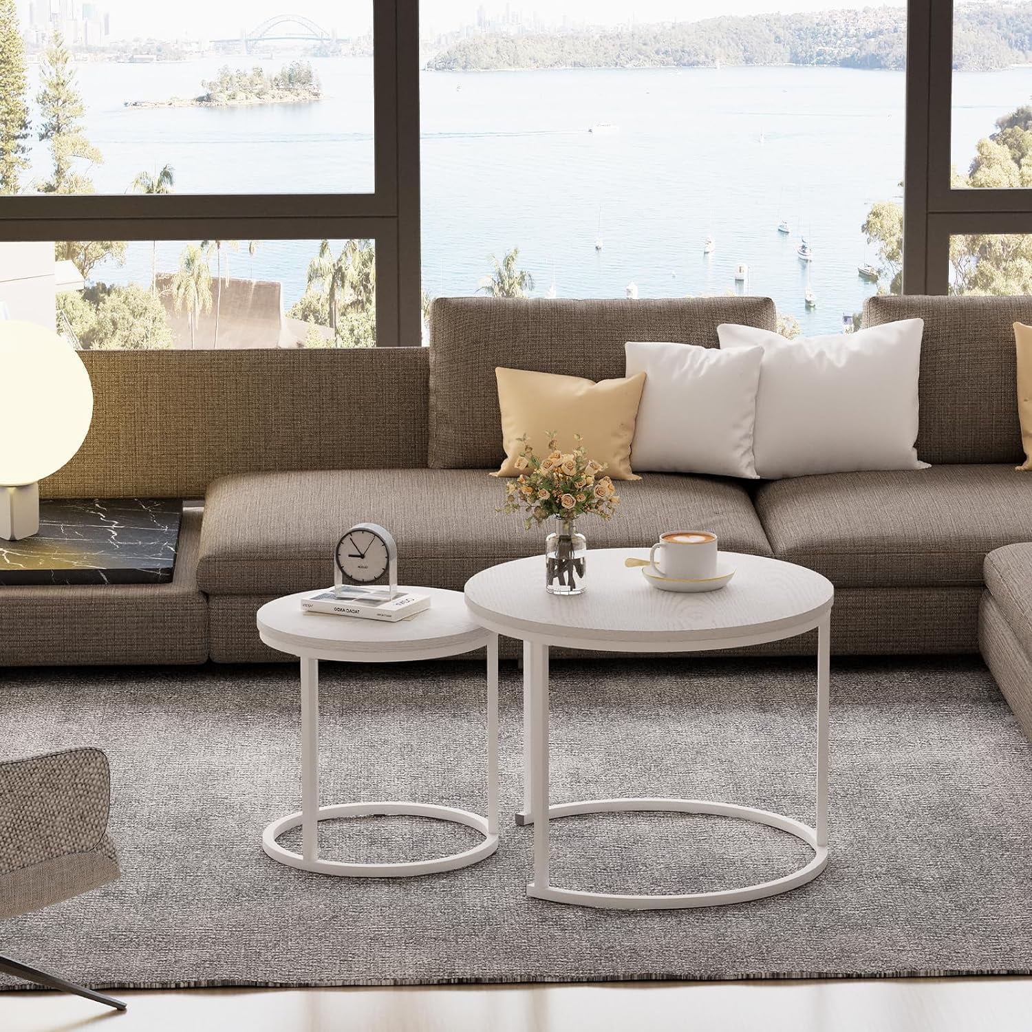 Nesting Coffee Table Round Side Table Set of 2 End Tables for Living Room Bedroom Balcony,White Wooden Stacking Accent Coffee Tables with Metal Frame - Image 2