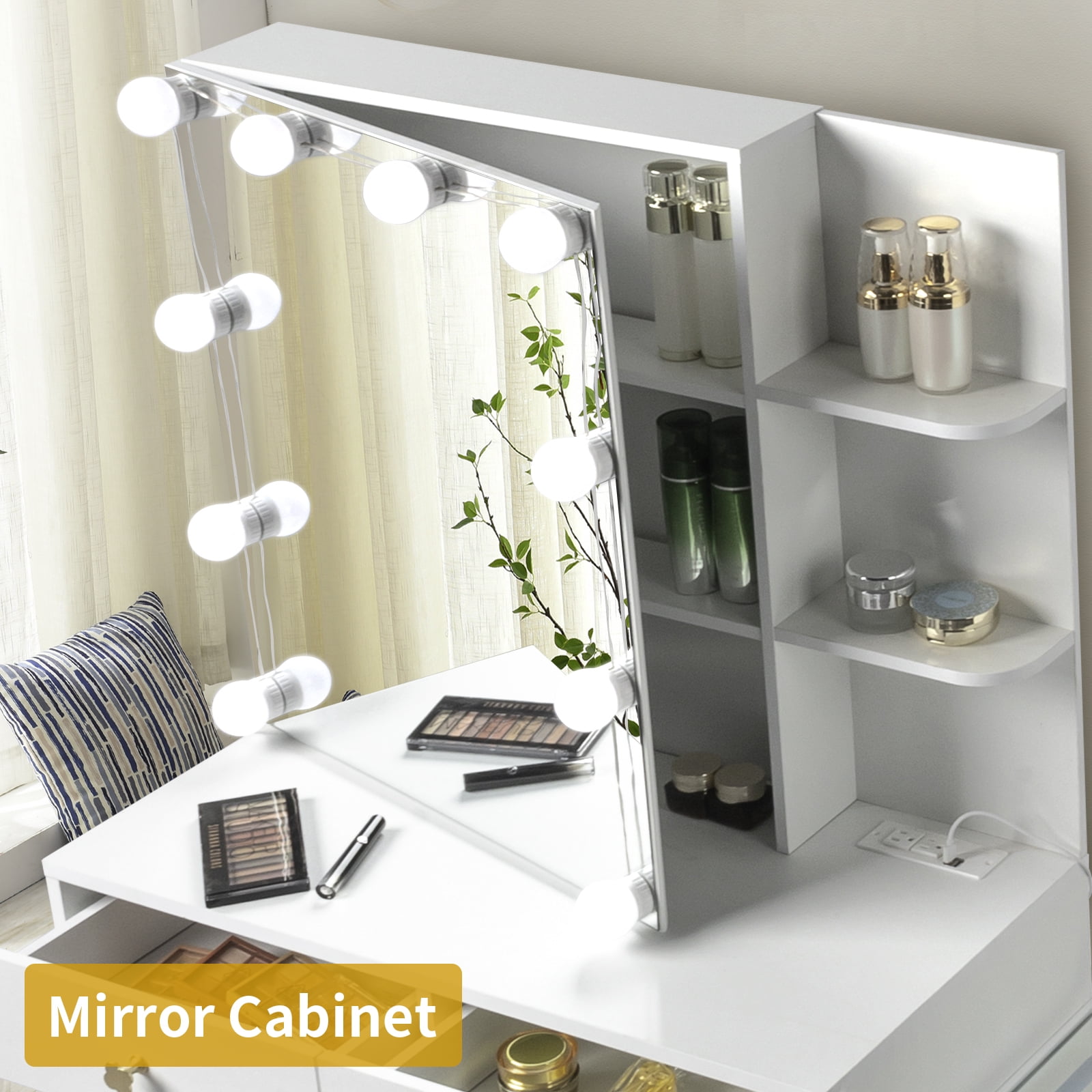 Ktaxon 3 Color Lighted Vanity Table Set, Makeup Table with LED Nightstand, Dressing Table with USB Charging Station, for Women, Female Bedroom, White - Image 9