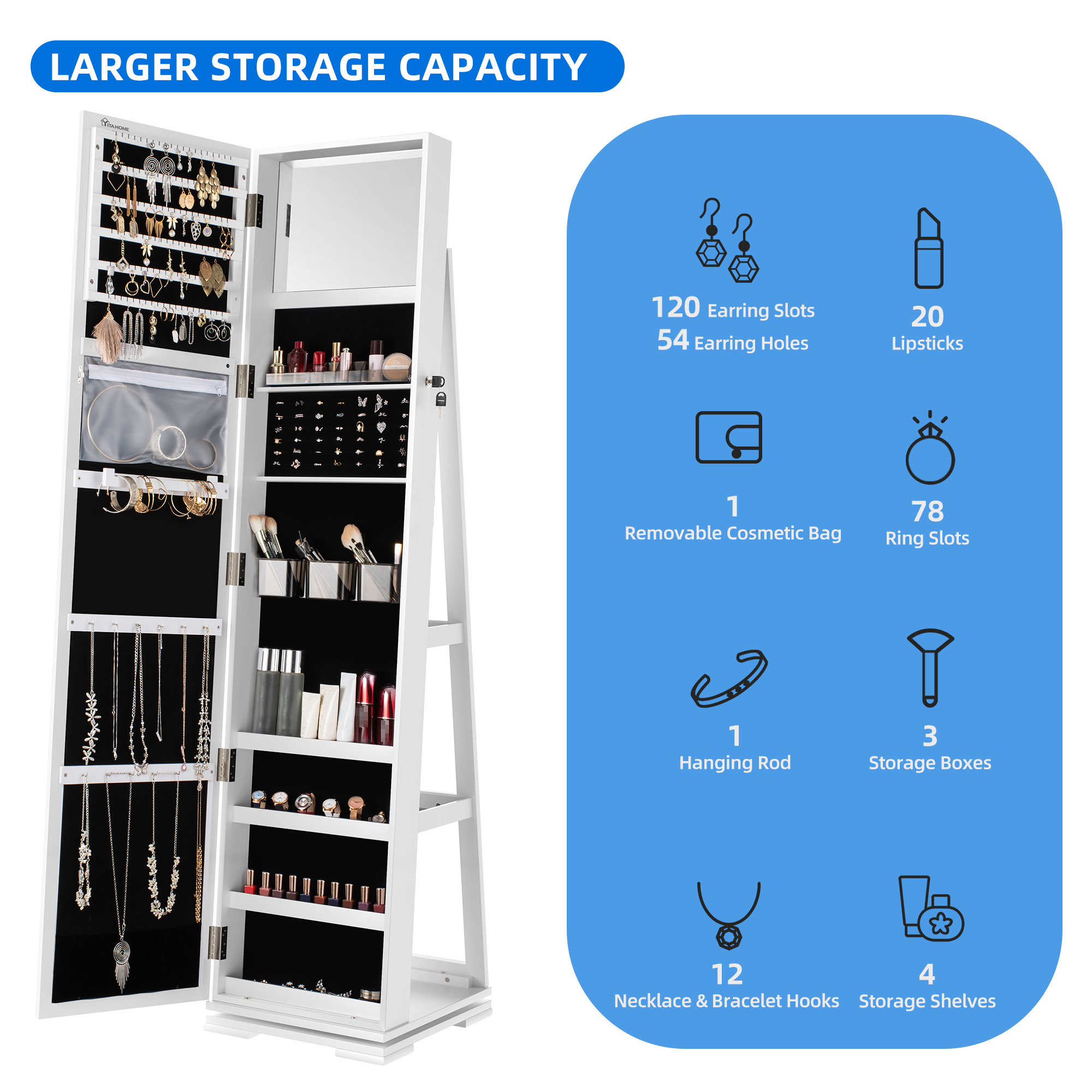 Dextrus Mirror Jewelry Cabinet 360° Rotating Jewelry Armoire Storage Box w/ Full Length Mirror Jewelry Organizer - White - Image 5