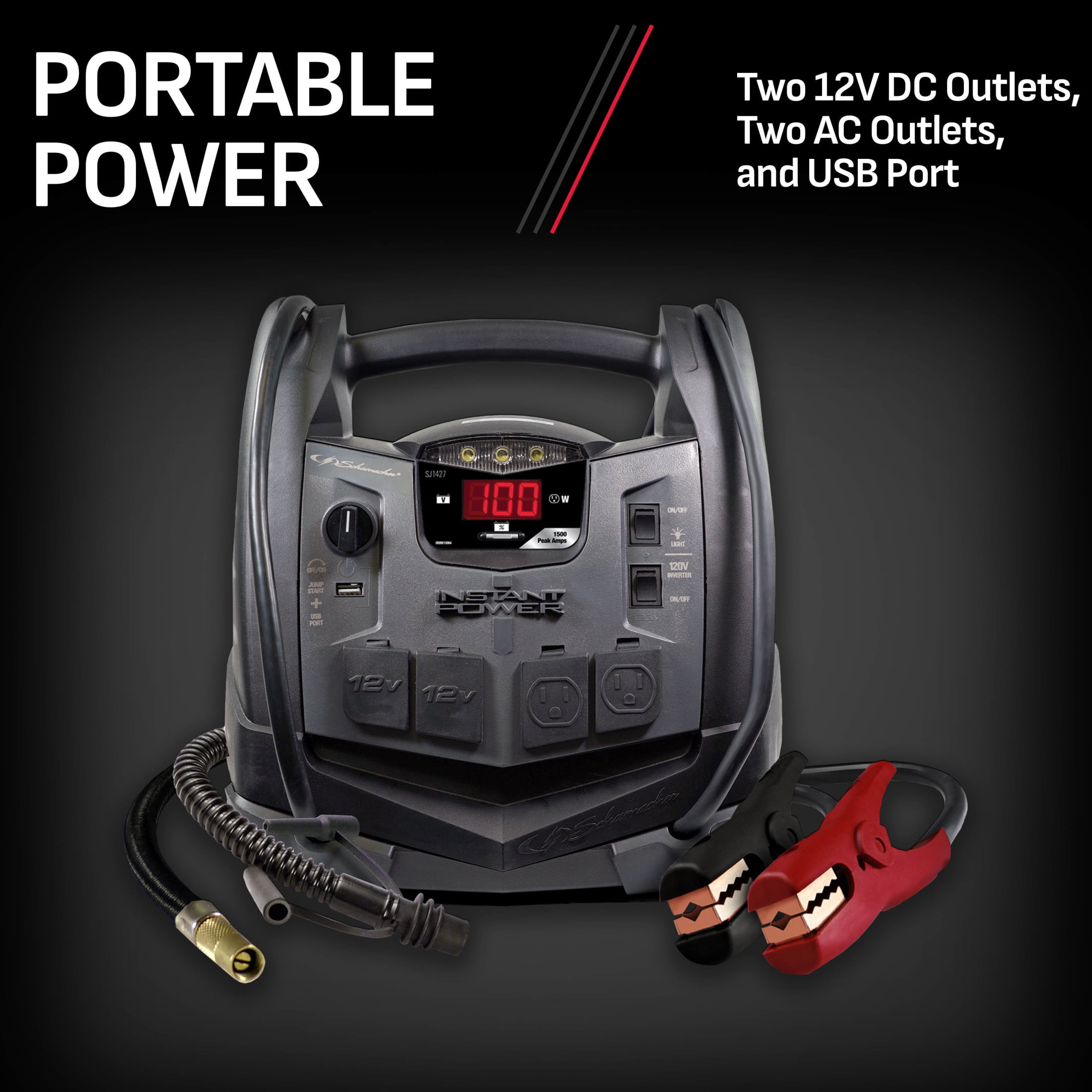 Schumacher Electric 1500A Car Battery Jump Starter and Portable Power Station, 150-PSI Compressor, 200 Continuous/400 Peak Watt Inverter, 12V, SJ1427 - Image 4