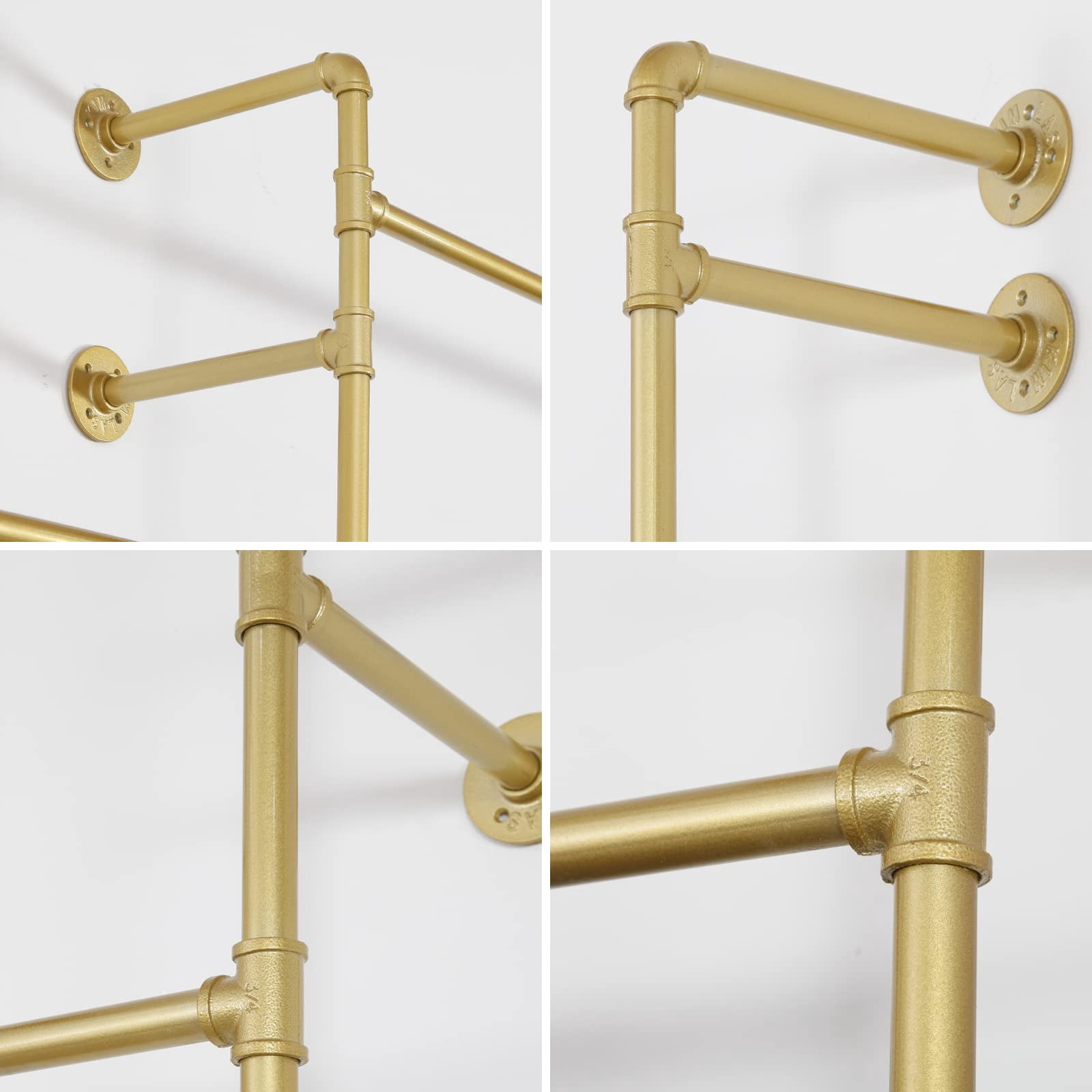 SSS Furniture Modern Simple Industrial Pipe Double Hanging Rods Clothing Rack, Clothes Rack Wall Mounted Heavy Duty Hanging Clothes Rack, Detachable Garment Bar 93.3X82.7inch (Gold) - Image 6