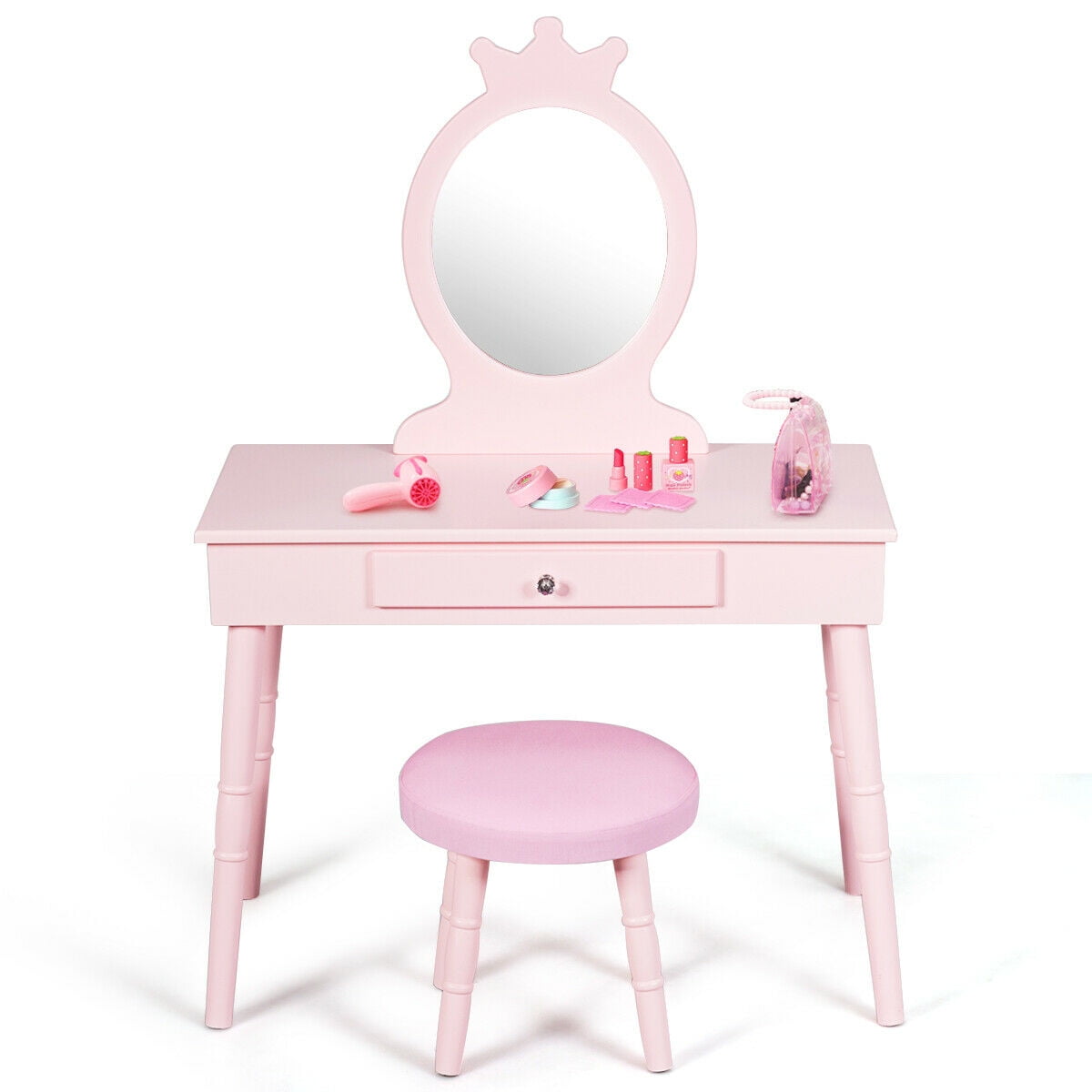 Gymax Kids Vanity Makeup Table & Chair Set Make Up Stool Play Set for Children Pink - Image 2
