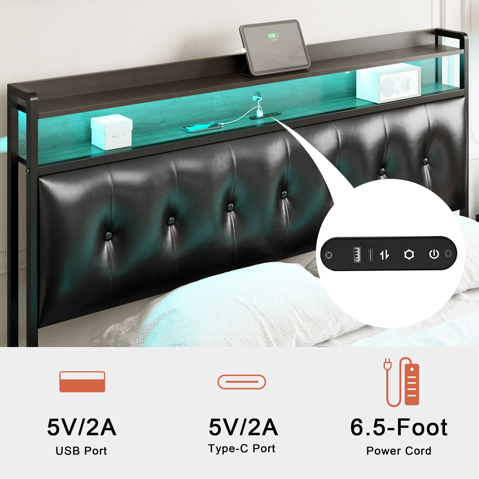 GUNAITO Queen Bed Frame with Storage Headboard Upholstered Platform Bed with LED Lights and Power Charging Station, Black - Image 5