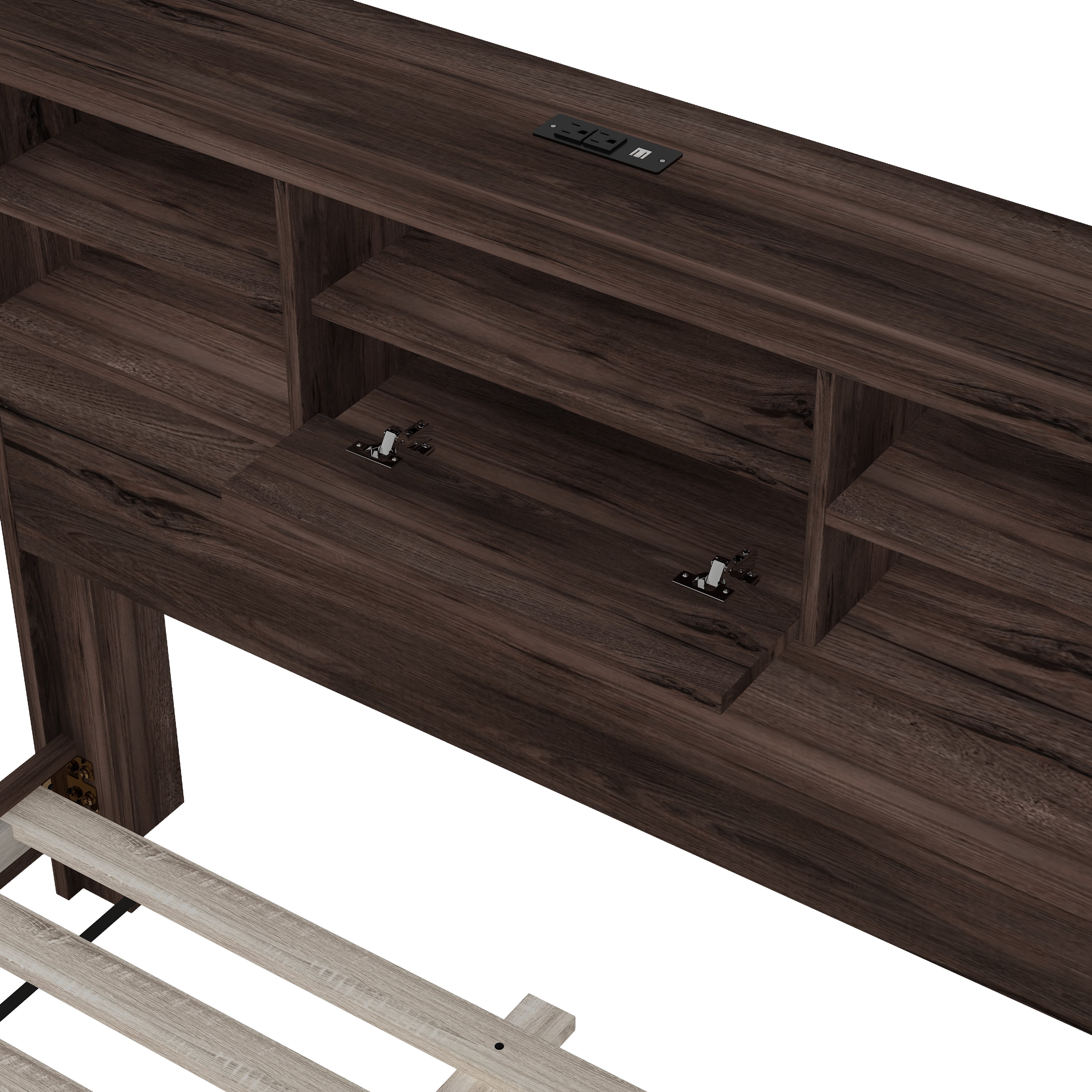 EUROCO Queen Size Platform Bed with Storage Headboard and USB Charging Station, Solid Wood Frame for Kids Adults, Walnut - Image 5