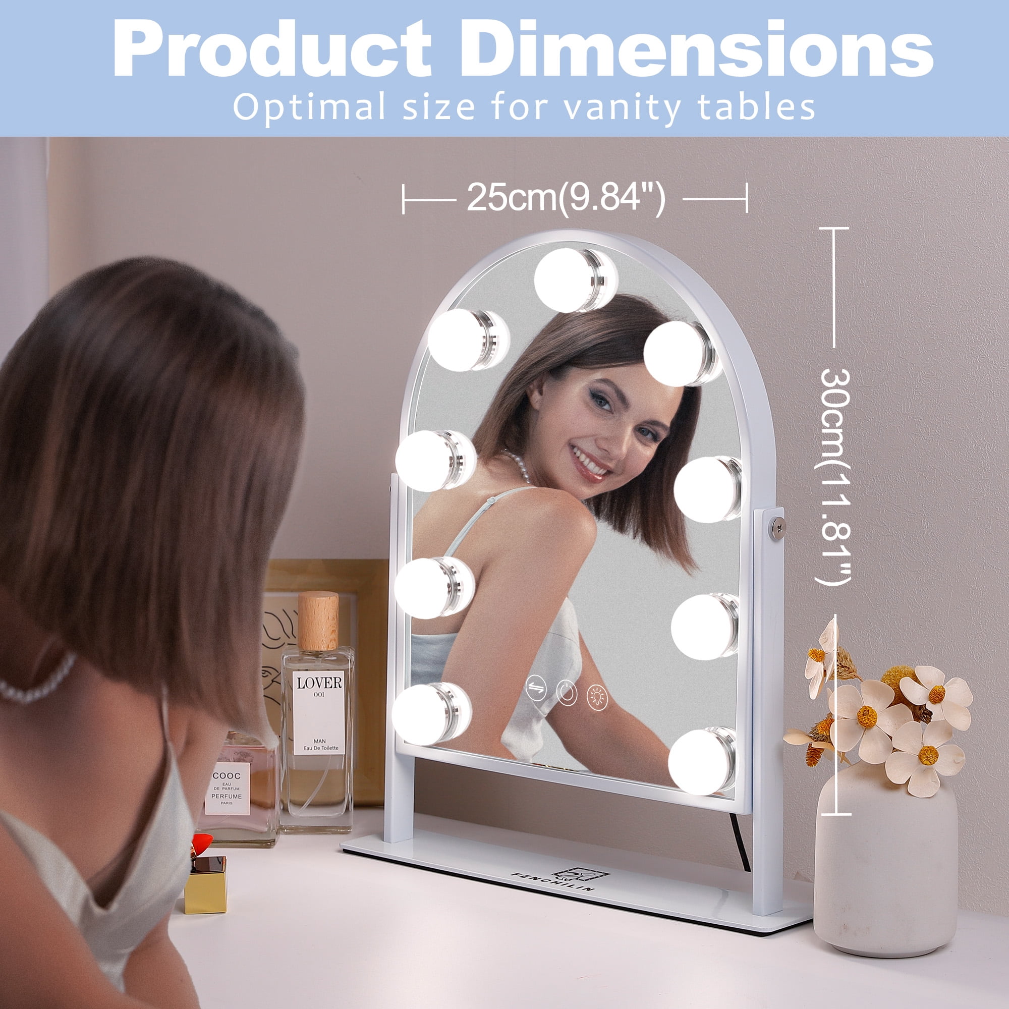 Fenchilin 12''x14'' Arch Vanity Makeup Mirror with Lights Metal Tabletop White - Image 7