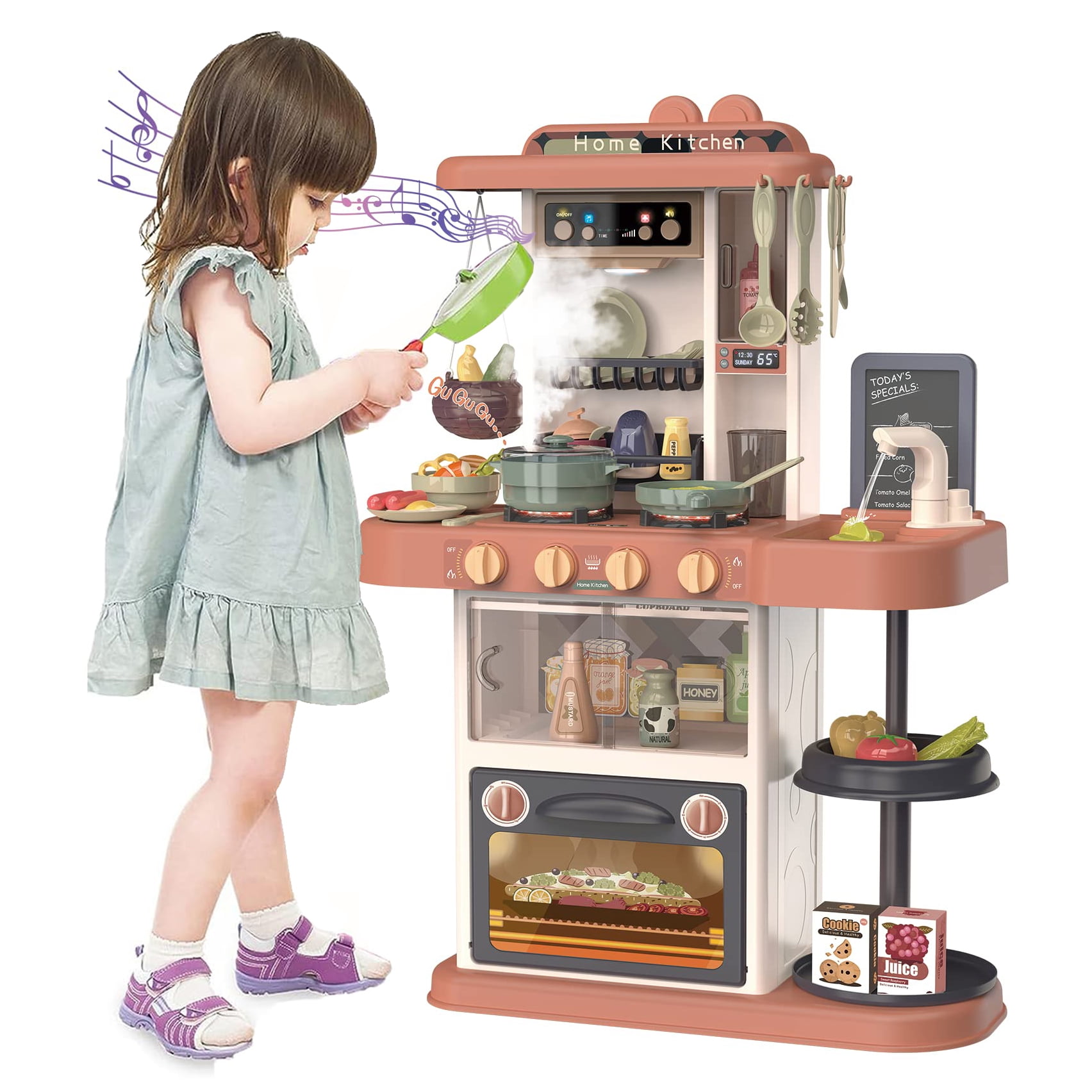 PayUSD 28.3" Kids Play Kitchen Playset for Toddlers with Realistic Sounds and Lights 43 Pcs Pretend Play Toy Set with Simulation of Spray Kids Kitchen Toys for Boys Girls Christmas Birthday, Orange - Image 6