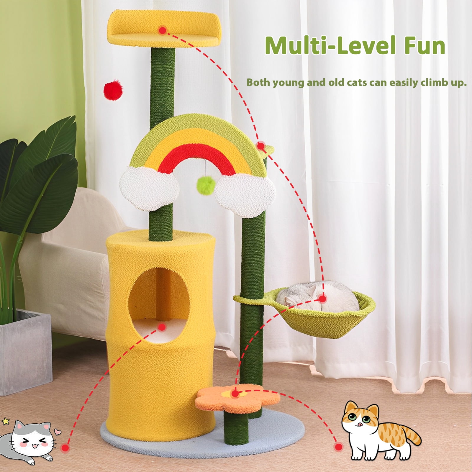 LitaiL 47"H Cat Tree with Scratching Posts, Rainbow Cat Tower with Double Cat Condos and Hanging Balls, Cat Furniture for Indoor Kittens - Image 8