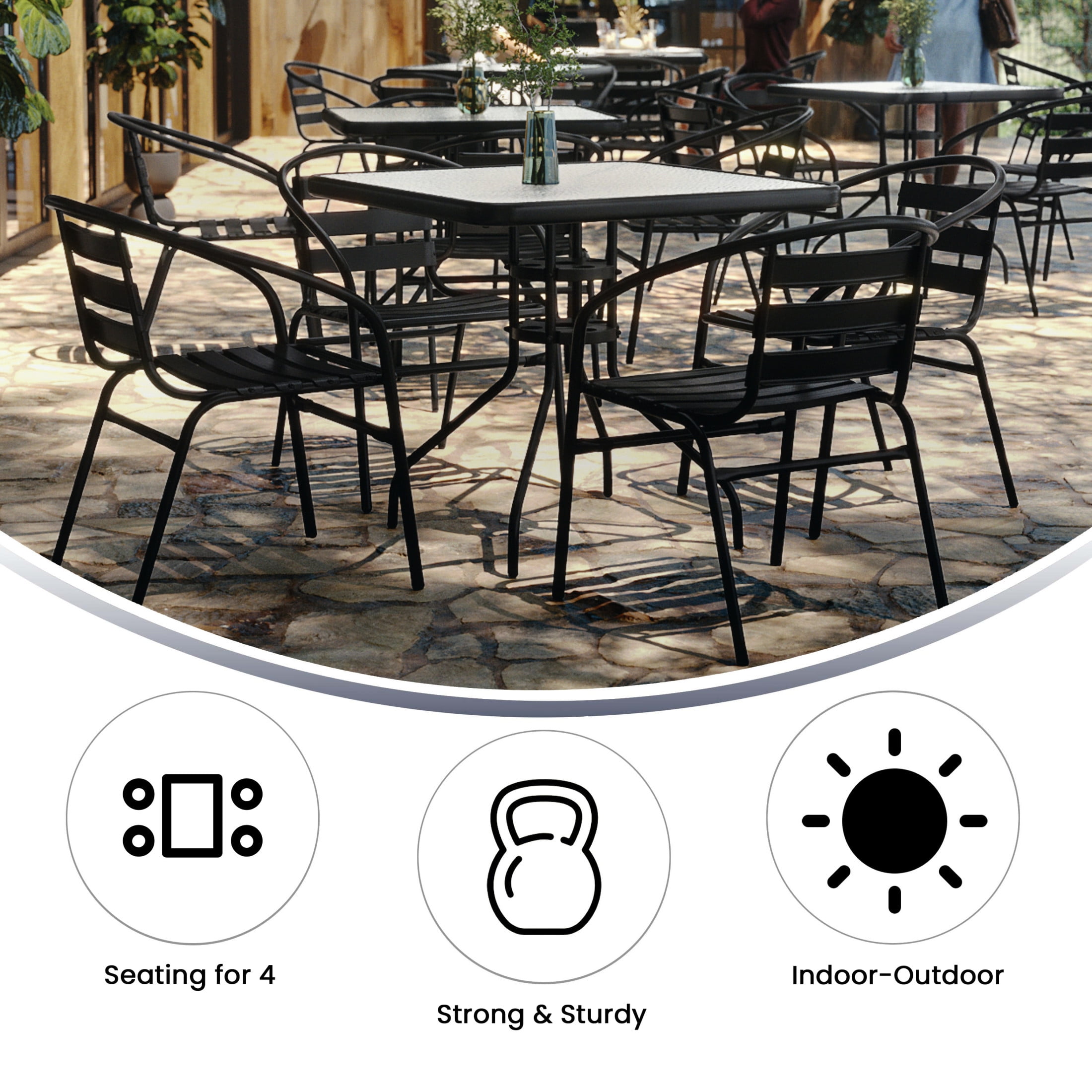 Flash Furniture 5-Piece Patio Dining Set with Square Glass Table and 4 Slat Back Chairs, Black - Image 7