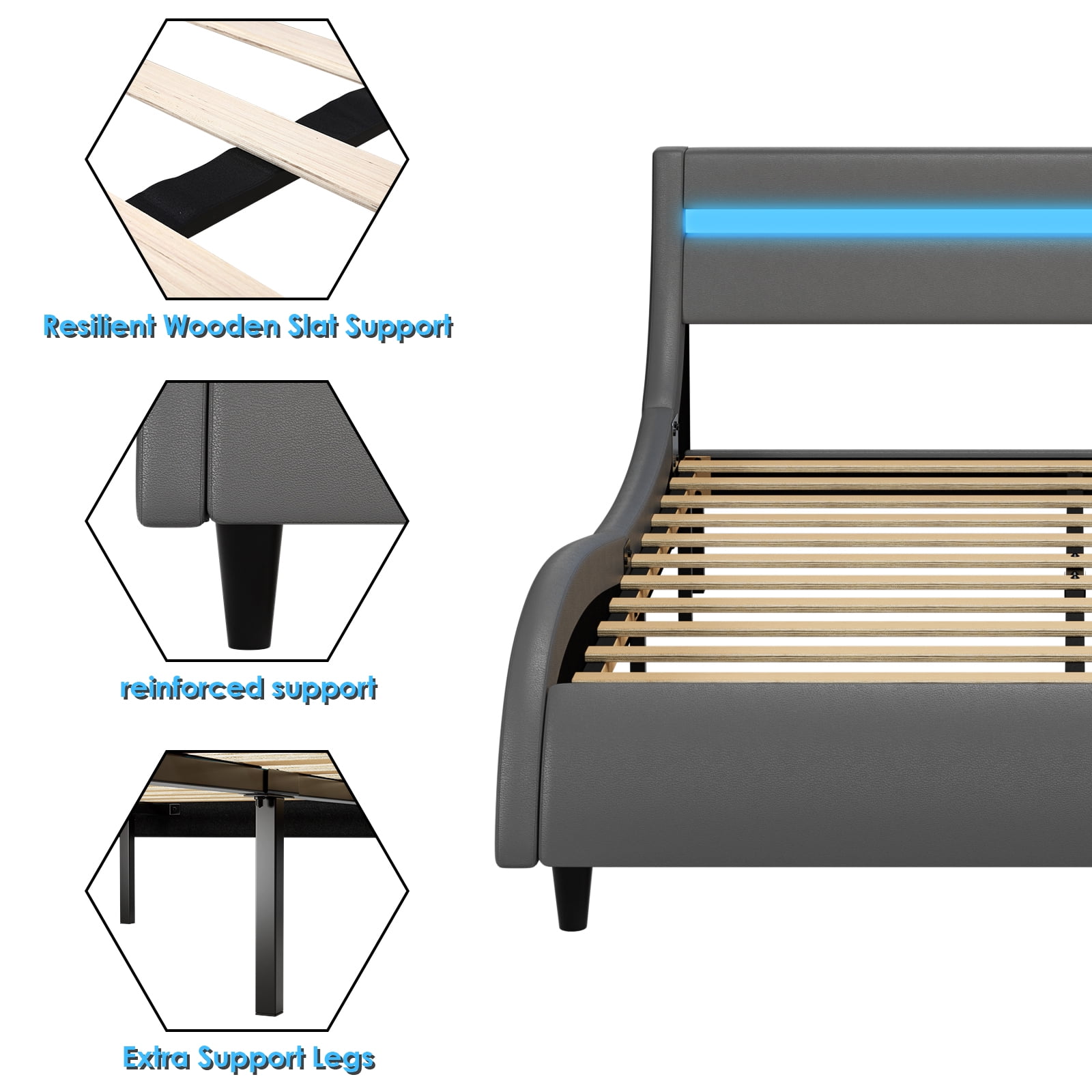 Homfa Queen Size Led Bed Frame, Upholstered Platform Bed with 16 Color Led Headboard, Gray - Image 10