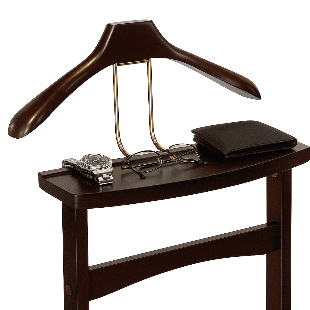 Proman Products Ashton Valet Suit Stand with Top Tray, Contour Hanger, Trouser Bar and Shoe Rack, Dark Mahogany - Image 2