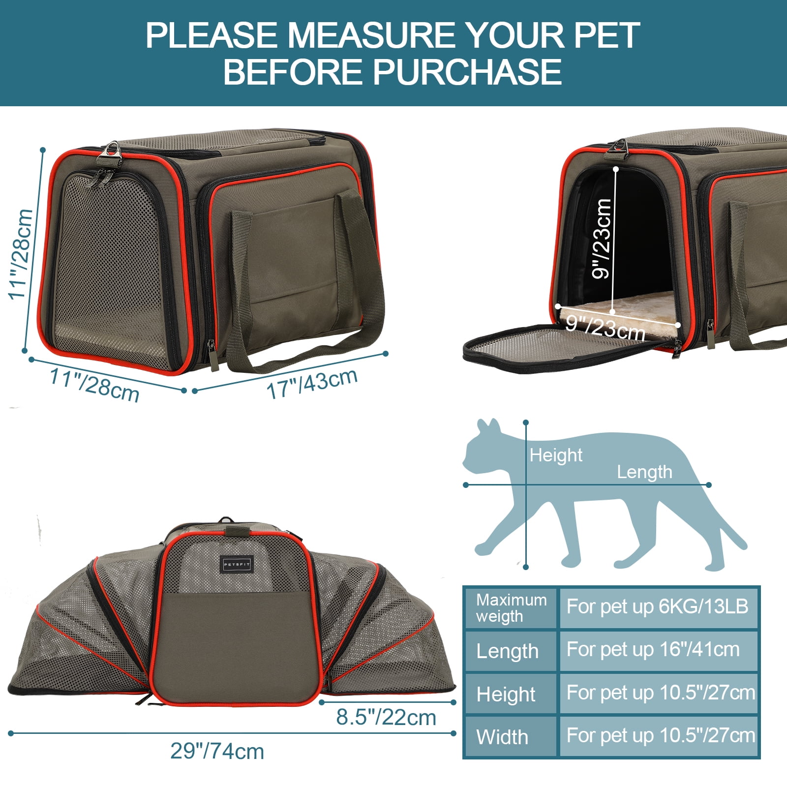 Petsfit 17" x 11" x 11" Expandable Cat Carrier, Collapsible Portable Soft-Sided Pet Carrier ,TSA Airline Approved,Brown - Image 2