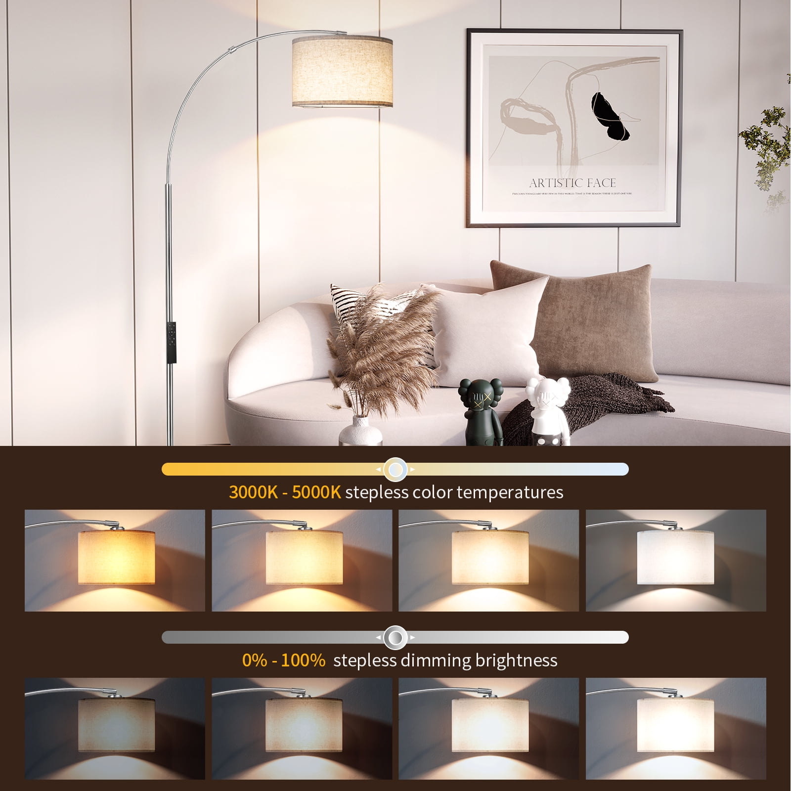 AOHAO 75" Modern Dimmable Silver Arched Floor Lamp with Beige Drum - Image 5