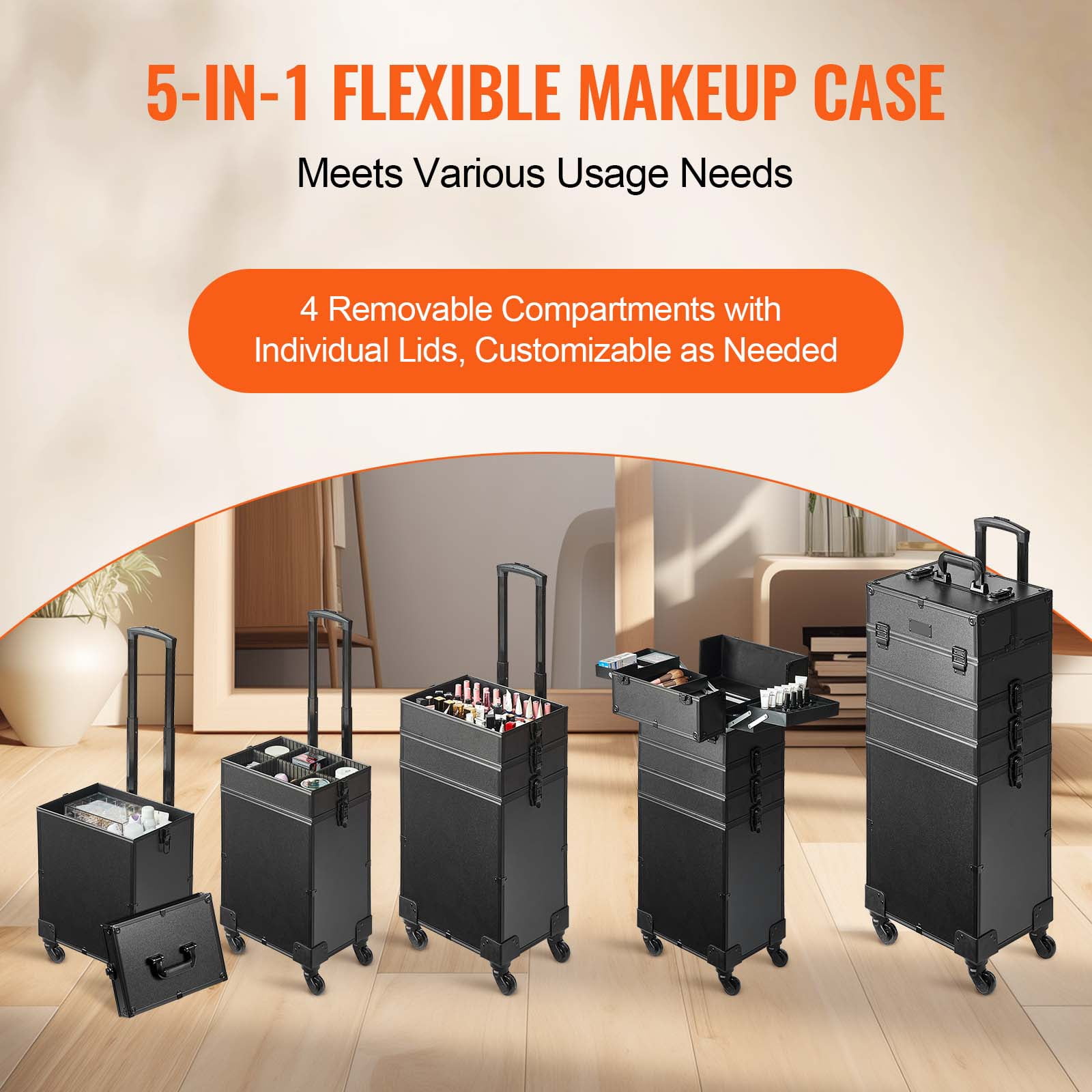 KFFKFF 5 in 1 Professional Rolling Makeup Train Case, Large Capacity Trolley Rolling Travel Storage Cosmetic Organizer with Portable Removable Trays - Image 6