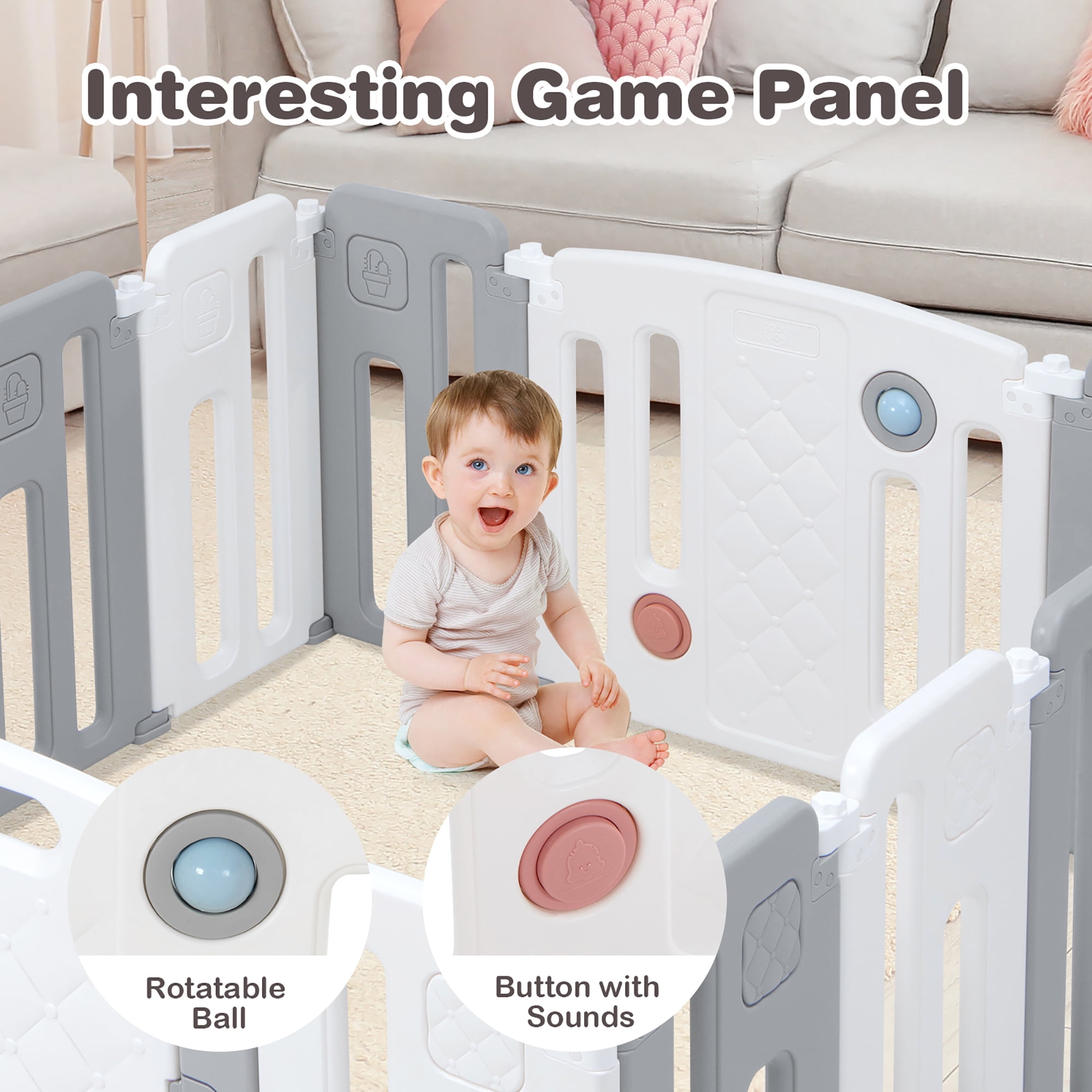 Costway 14 Panels Baby Safety Playpen Kids Safety Activity Play Center with Drawing Board Gray - Image 6
