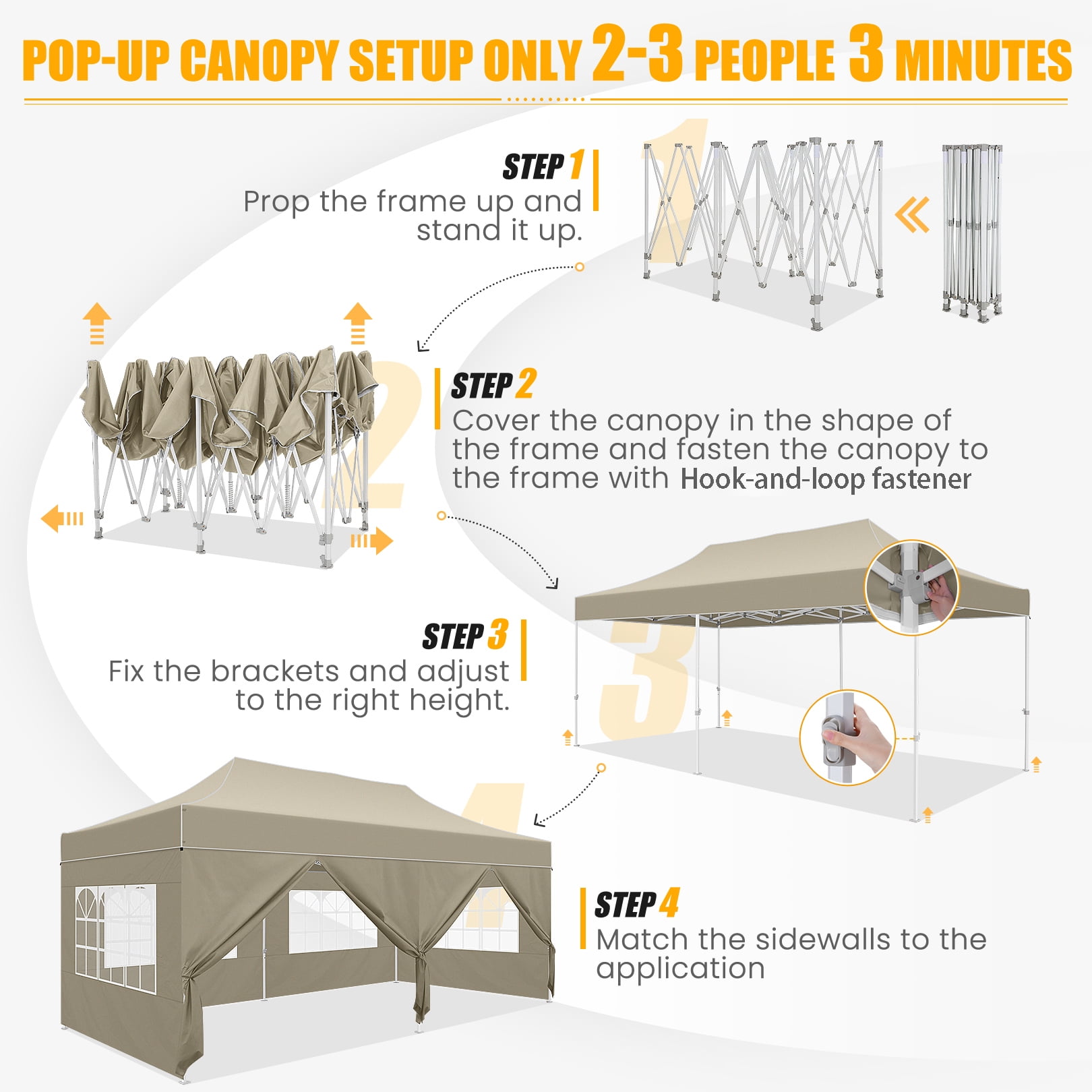 HOTEEL 10x20 Heavy Duty Canopy Tent with 6 Sidewalls,Pop up Commercial Tents,Outdoor Party Tents with Roller Bag,Khaki - Image 4