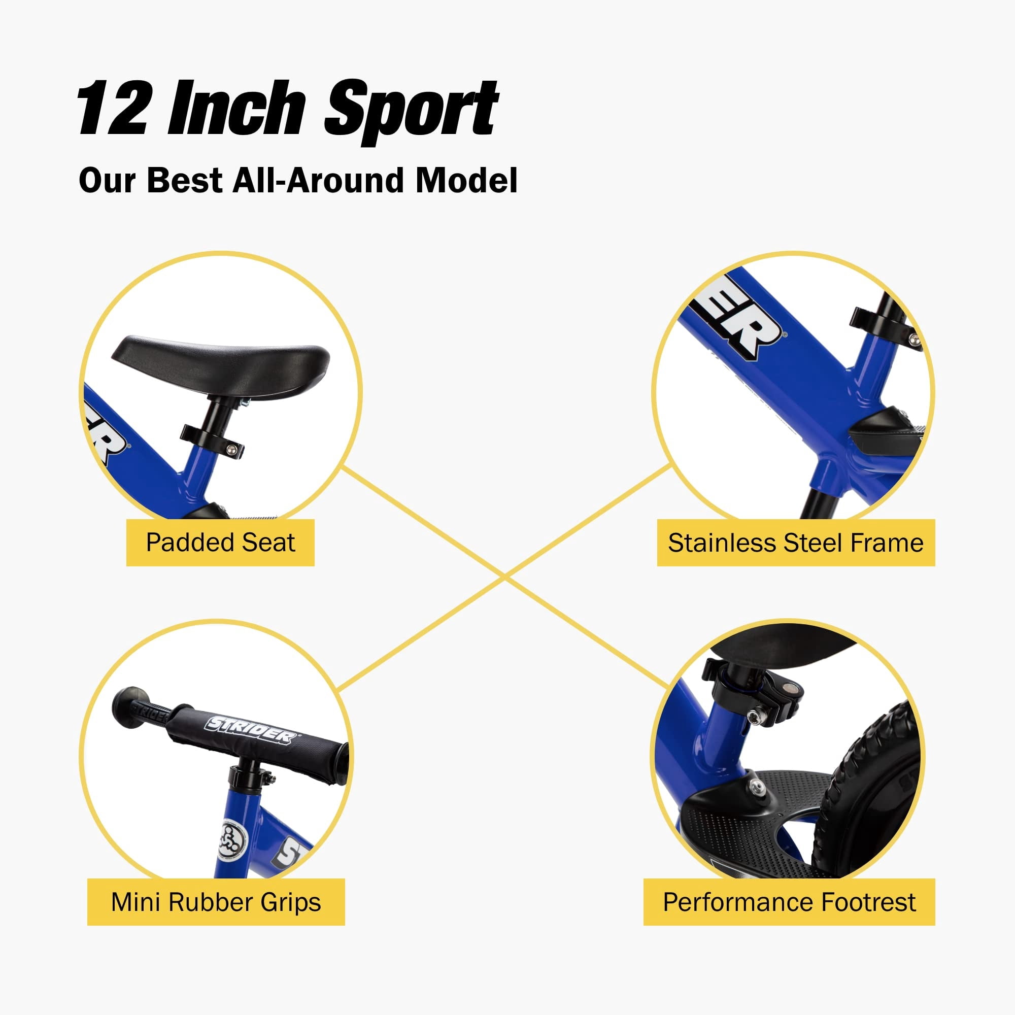 Strider 12” Sport Bike, Blue - No Pedal Balance Bicycle for Kids 1 to 4 Years - Includes Safety Pad, Padded Seat, Mini Grips & Flat-Free Tires - Tool-Free Assembly & Adjustments - Image 7