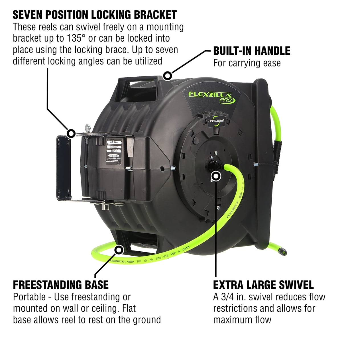 Flexzilla® Pro Retractable Air Hose Reel with Levelwind Technology, 3/8" x 75', ZillaGreen® - Image 5