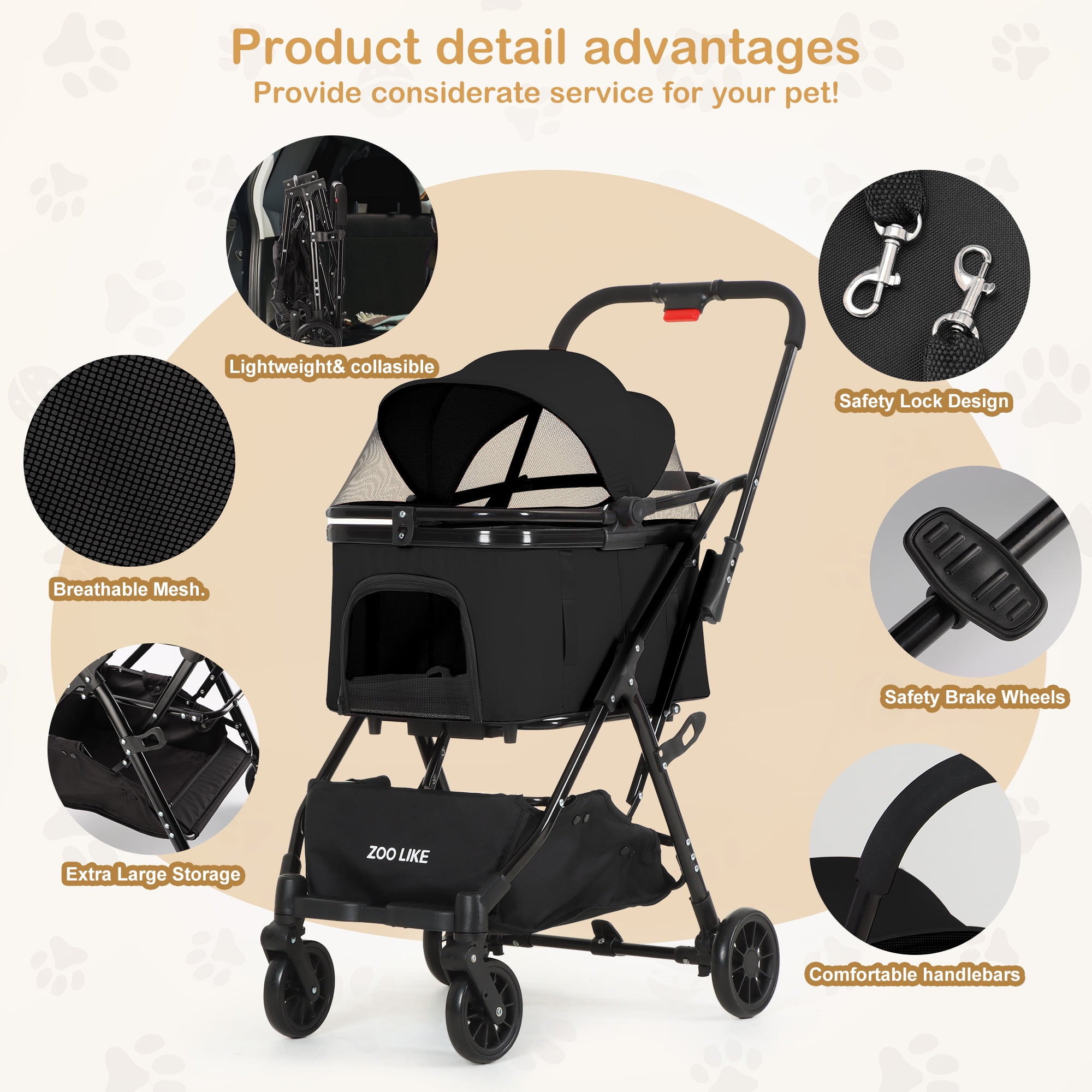 Zoolike Pet Stroller, Dog Cat Stroller 3-in-1 Detachable Doggy Stroller for Small Medium Dogs 4 Wheel Dog Travel Jogger Cart Cat Walker Foldable Wagons for Doggy Rabbit Puppy, Black - Image 6
