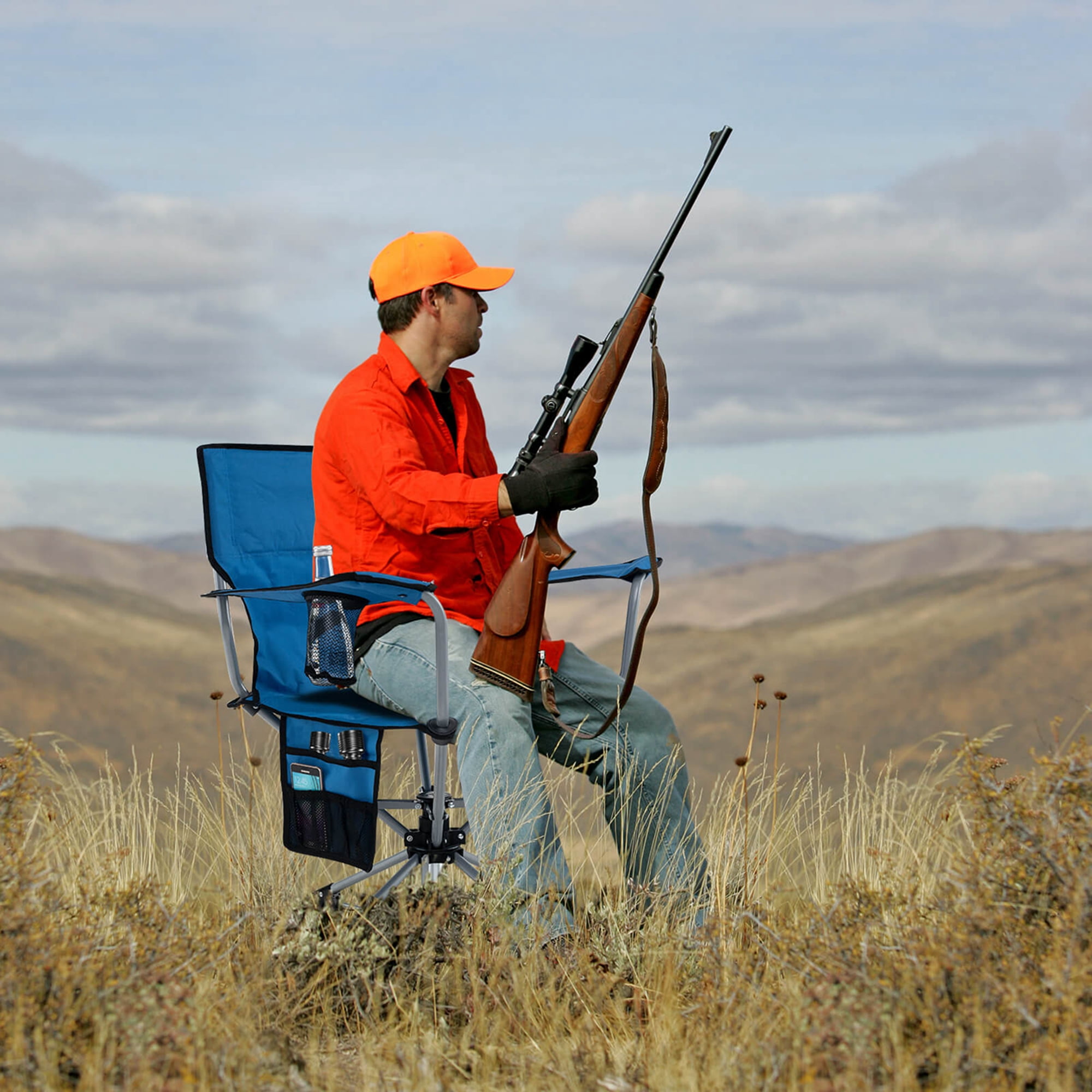 Costway 360° Swivel Hunting Chair with Mesh Cup Holder & Storage Pockets Cozy Backrest Blue - Image 4