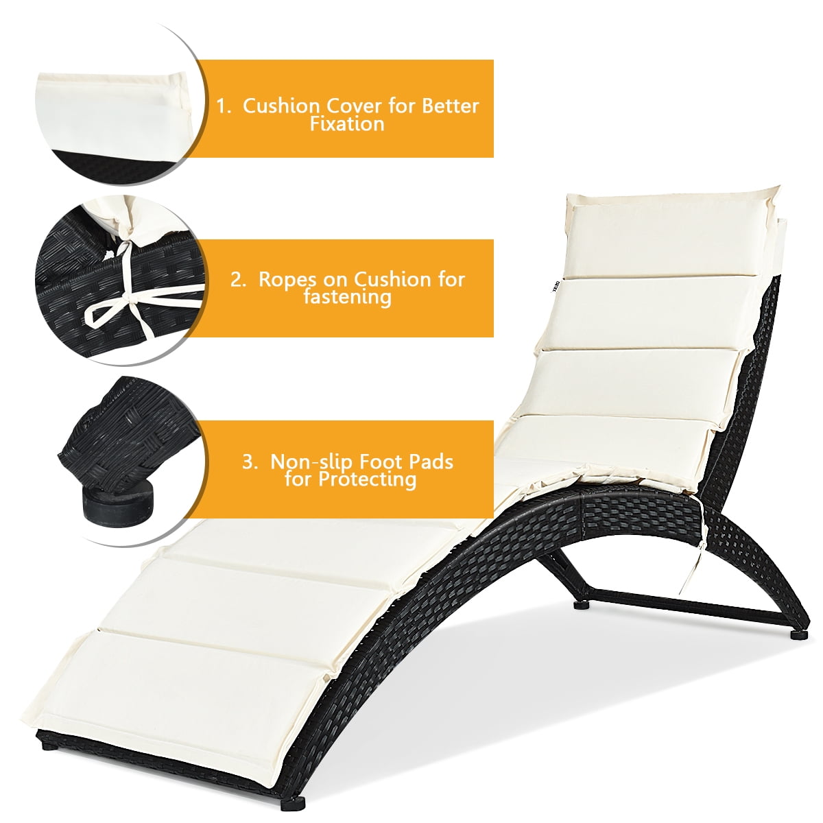 Costway Folding Patio Rattan Lounge Chair Chaise Cushioned Portable Garden Lawn Black - Image 9