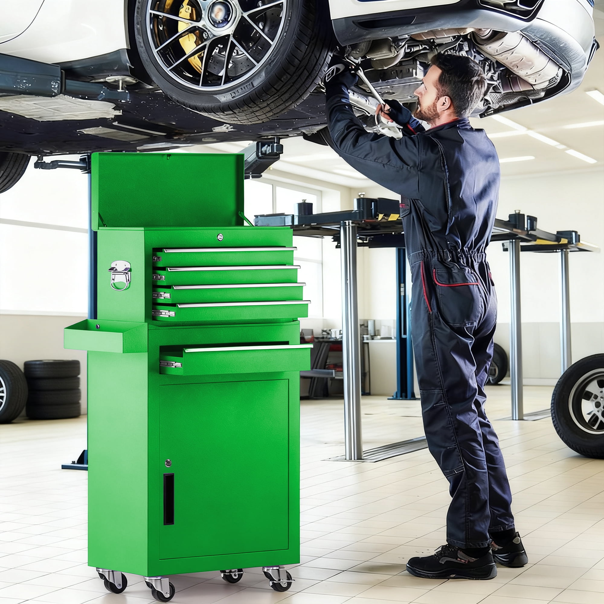 5-Drawer Tool Chest on Wheels, 2 In 1 Rolling Tool Storage Cabinet, Tool Organizer for Garage, Workshop, Warehouse & Repair Shop, Green - Image 3