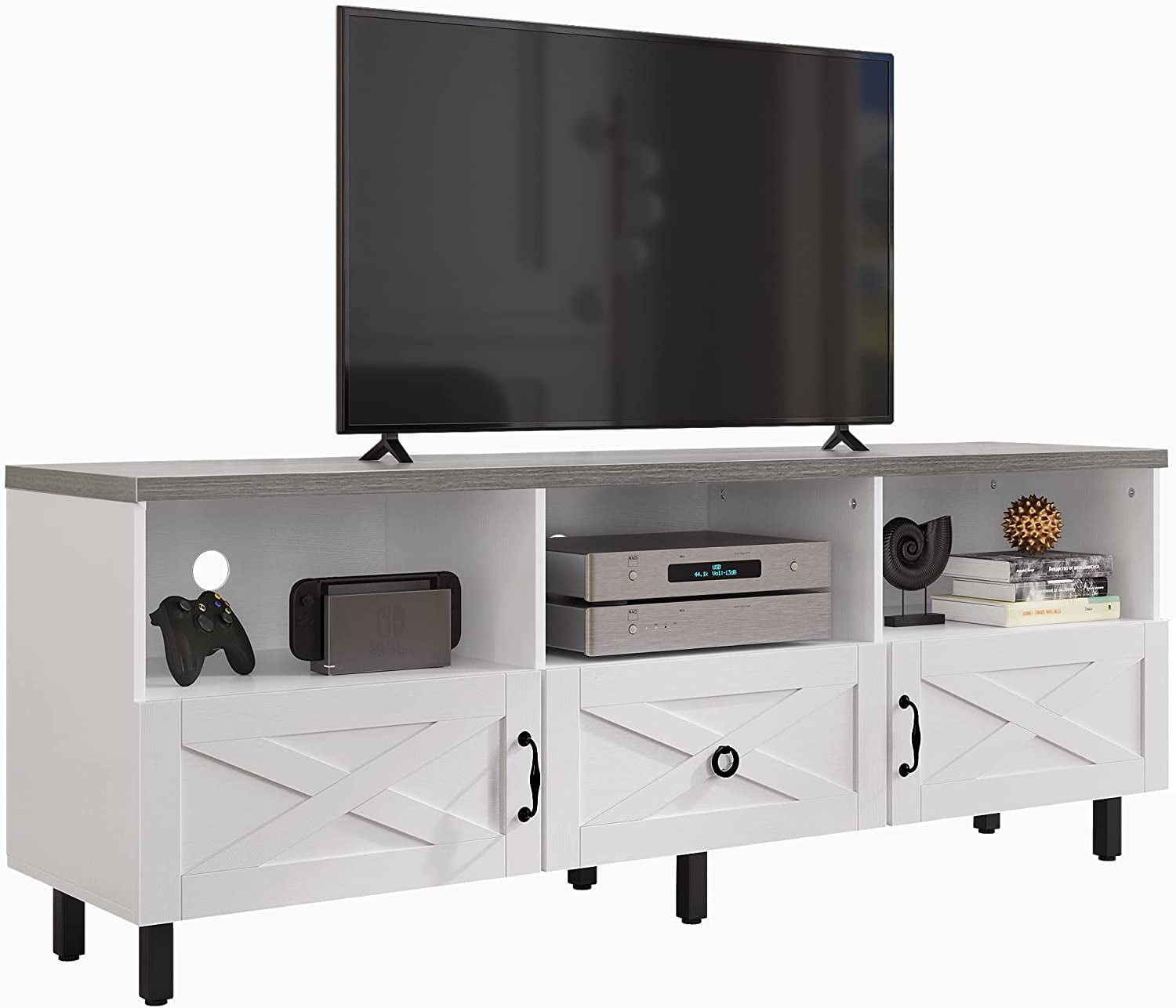 Dextrus Modern TV Stand for 70/65 inch, Wood Media Console with Storage Cabinet and Open Shelves, White/Grey - Image 4