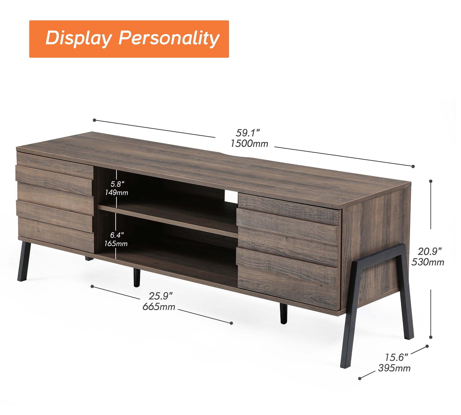 Mid-century LED TV Stand with Push To Open Cabinet and Metal Legs for Living Room, Brown - Image 2