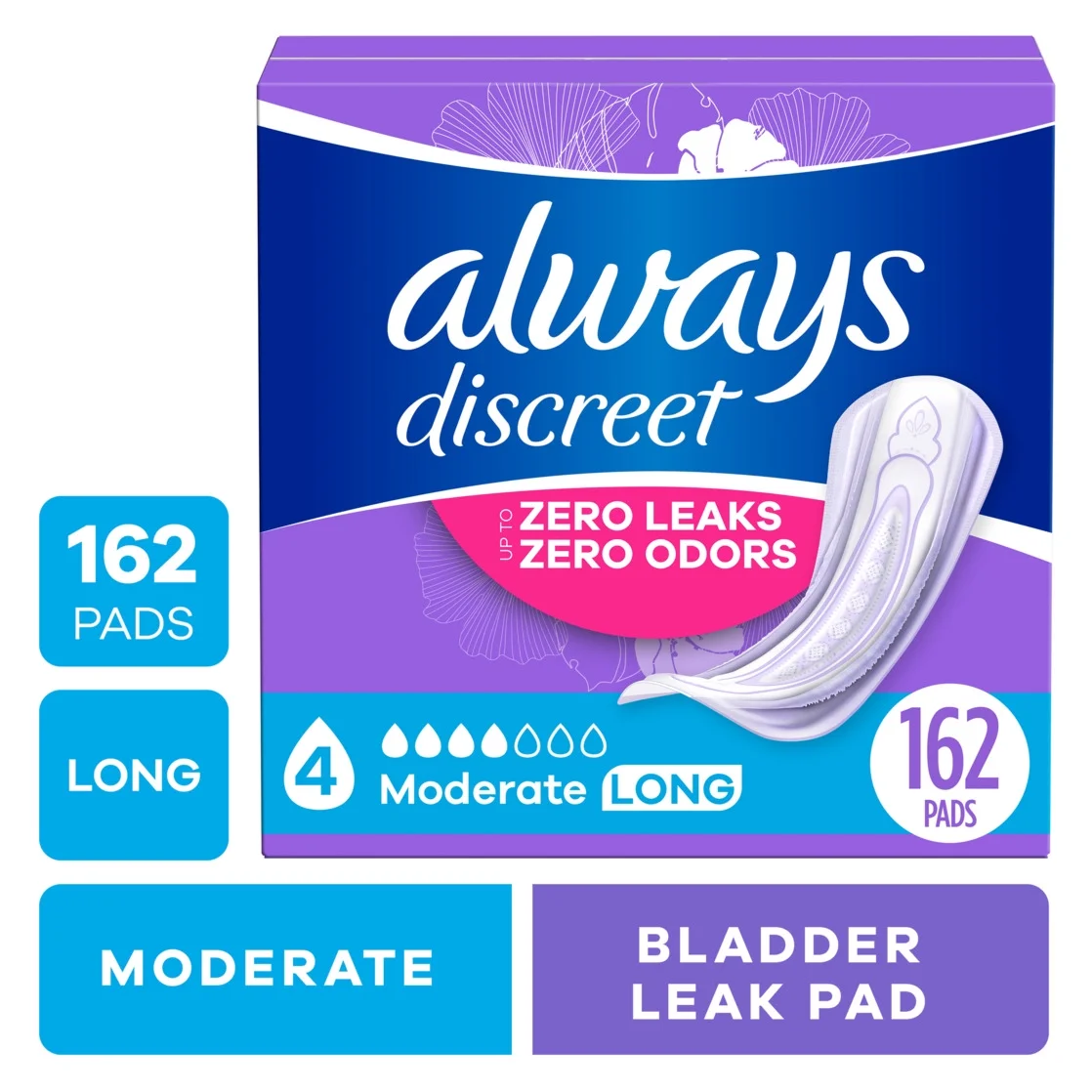 (3 pack) Always Discreet Adult Incontinence Pads for Women, Moderate Absorbency, Long Length, Postpartum Pads, 162 Count - Image 2