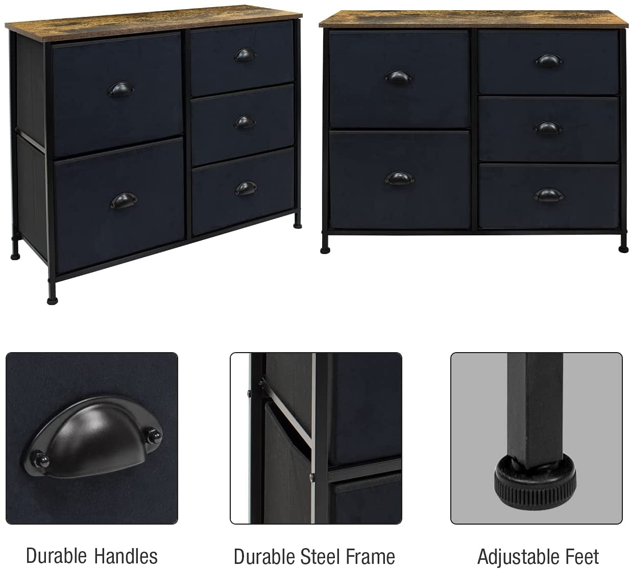 Sorbus Dresser with 5 Drawers - Furniture Storage Tower Unit for Bedroom, Hallway, Closet, Office Organization - Steel Frame, Wood Top, Easy Pull Fabric Bins (Rustic Black) - Image 3