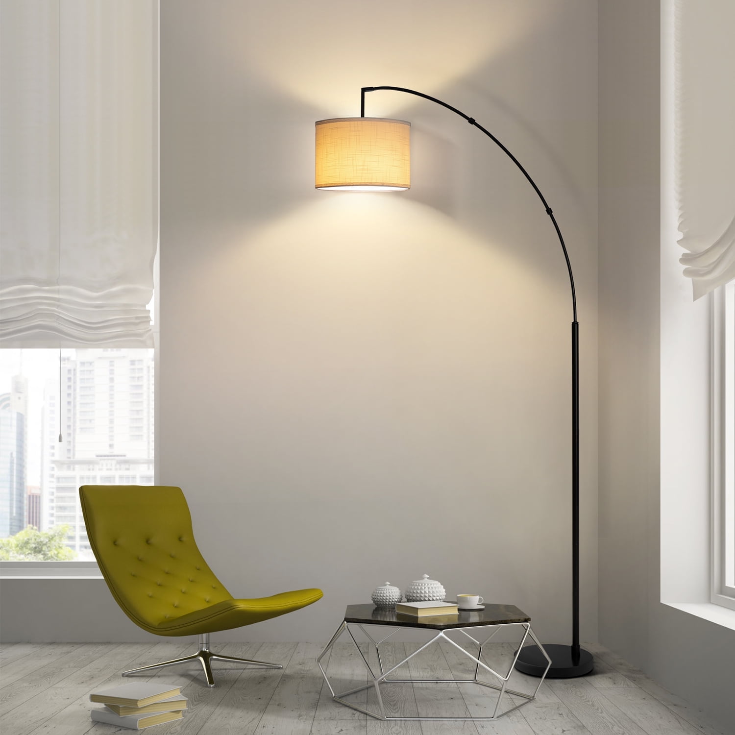 OUTON 81" Arc Floor Lamp with Remote for Living Room, LED Dimmable Modern Standing Lamps with 4 Color Temperatures, Adjustable Linen Shade, Tall Light for Bedroom (Black+Beige Shade) - Image 4
