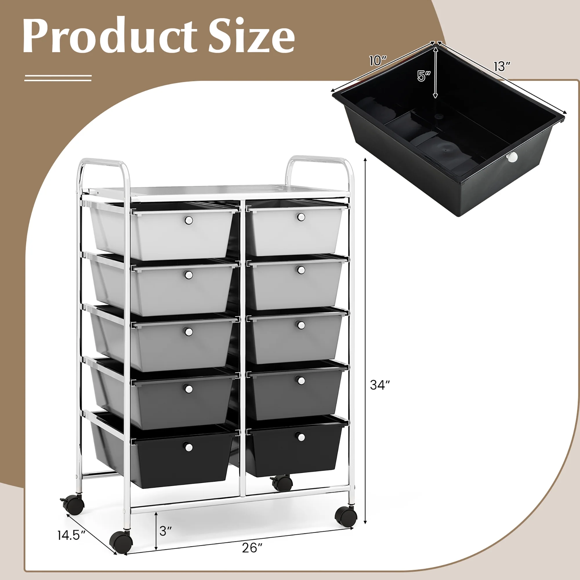 Gymax 10-Drawer Rolling Storage Cart Tools Scrapbook Paper Organizer on Wheels Black Gradient - Image 10