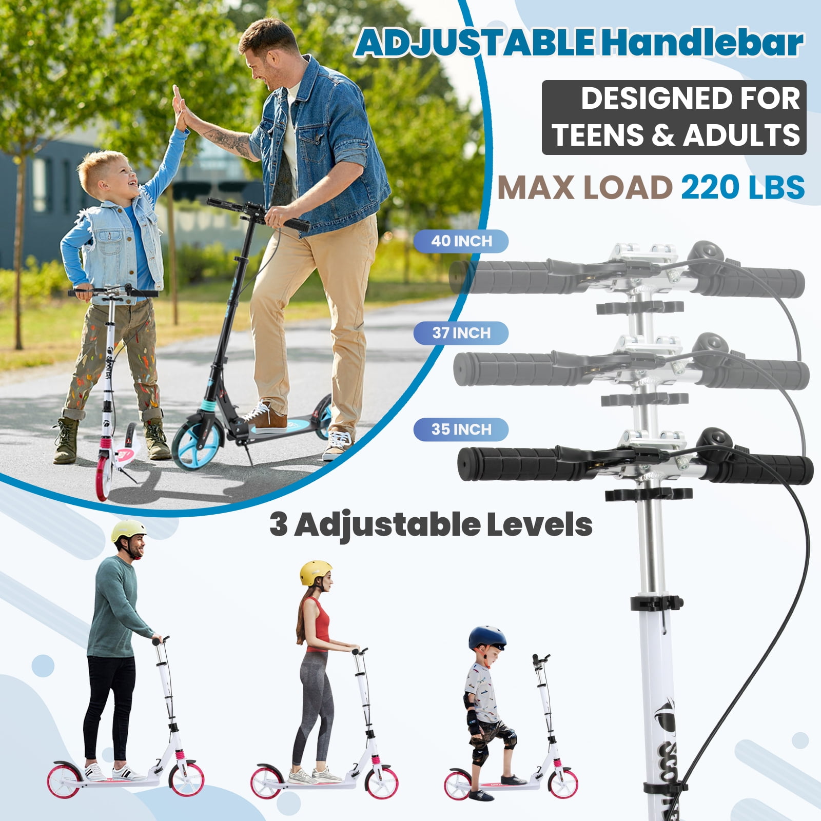 TENBOOM Scooter for Ages 8+ Teens and Adults Kick Scooter Foldable with Double Braking System Bells Adjustable Handlebars Kickstand Max Load 220 LBS 8" Big Wheels - Image 5