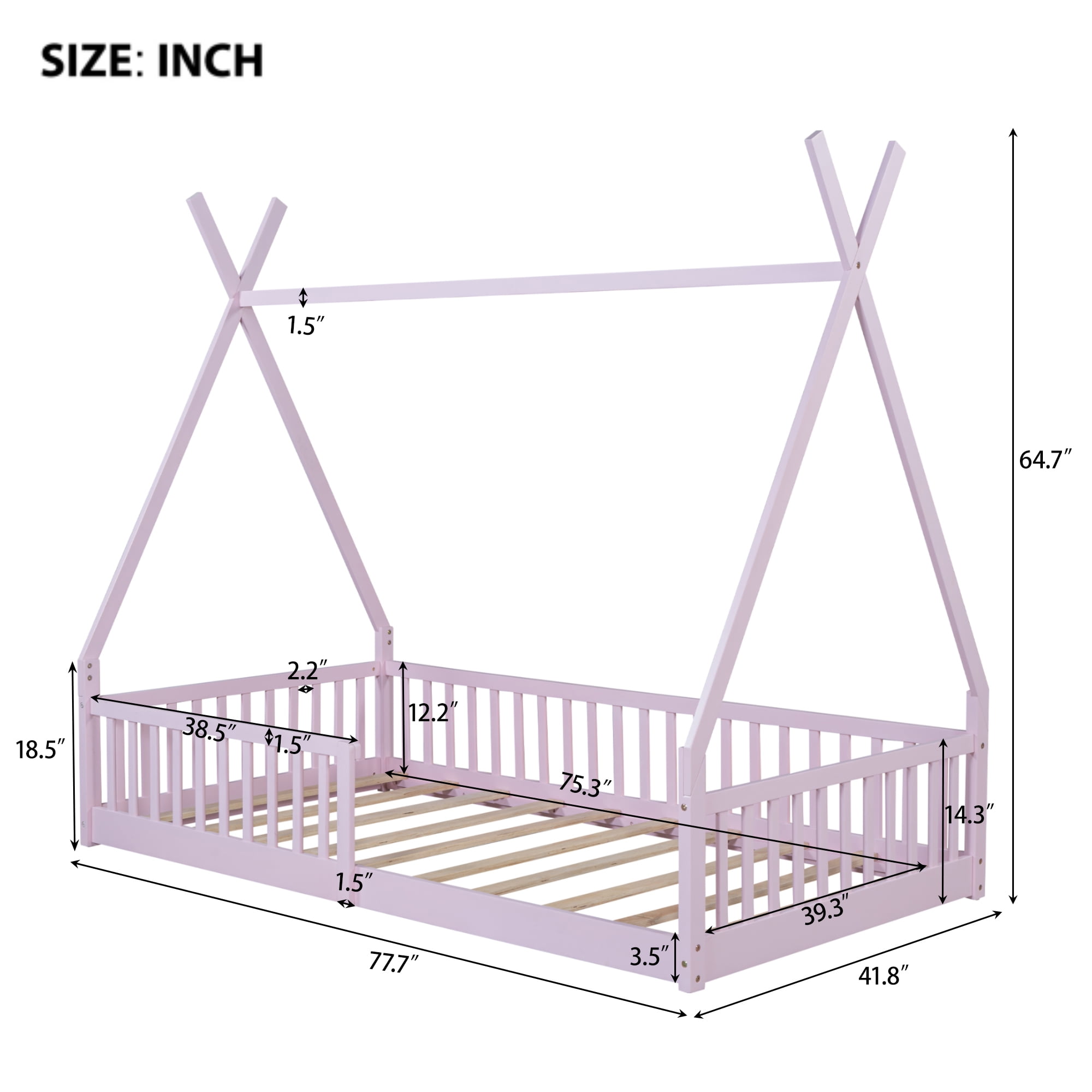 Euroco Twin Size House Platform Bed, Floor Bed with Guardrails for Kids Teens Room, Pink - Image 11